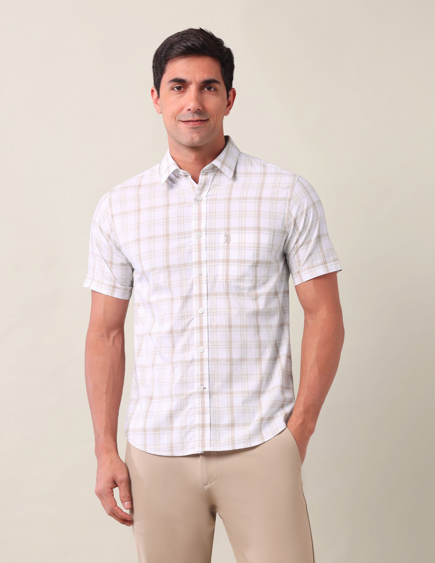 Grid Tattersall Checked Tailored Fit Shirt Light Beige - U.S. Polo Assn. India | Large