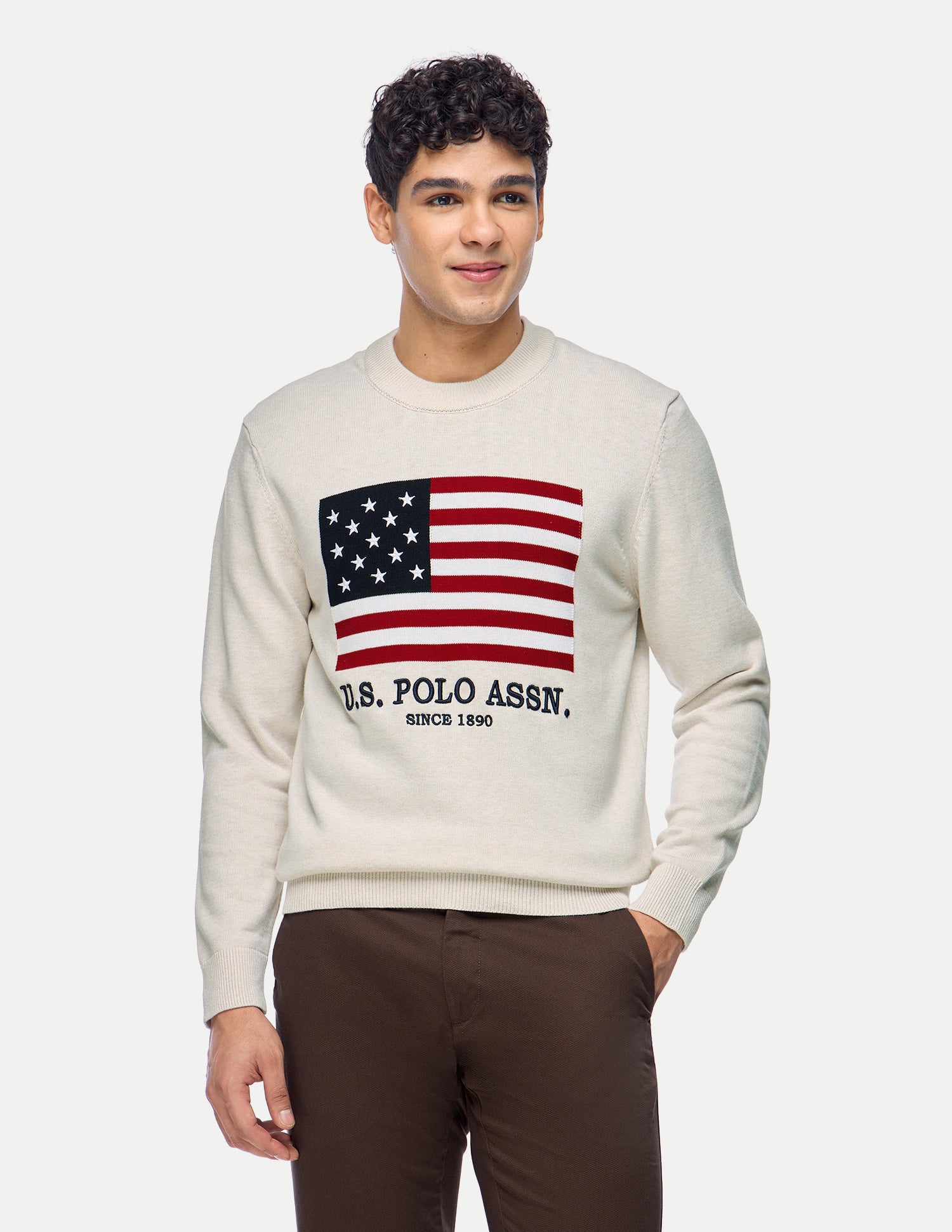 Graphic Brand Printed Slim Fit Sweater Beige - U.S. Polo Assn. India | Large