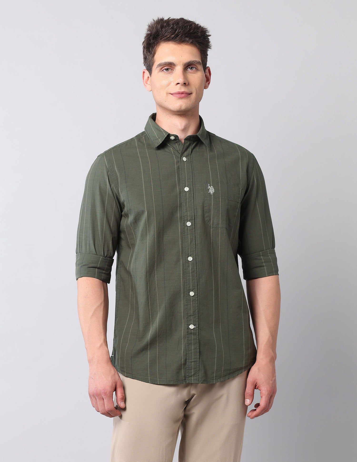 Vertical Striped Pure Cotton Shirt Olive - U.S. Polo Assn. India | Large