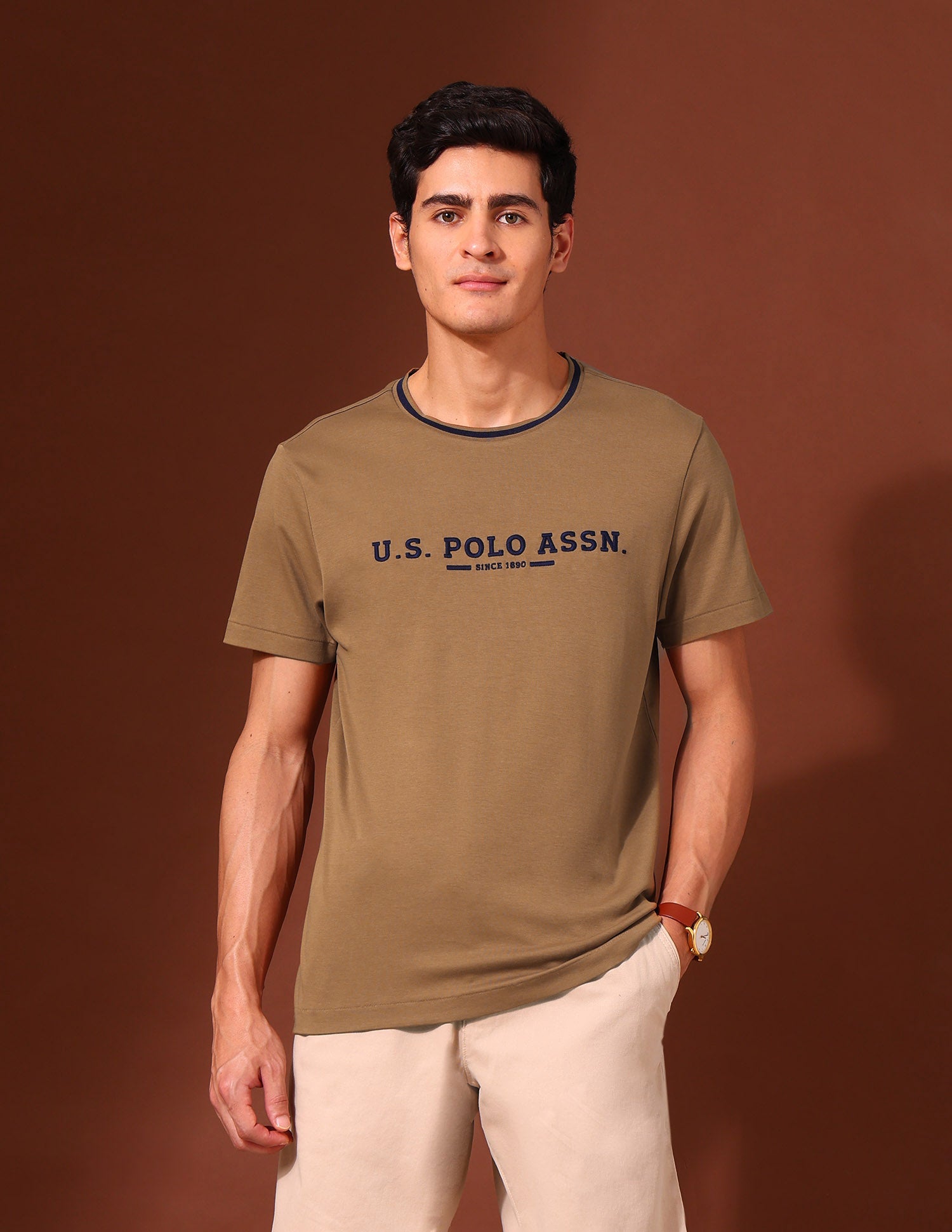 Brand Embroidered Pure Cotton Classic T-Shirt Brown - U.S. Polo Assn. India | Large
