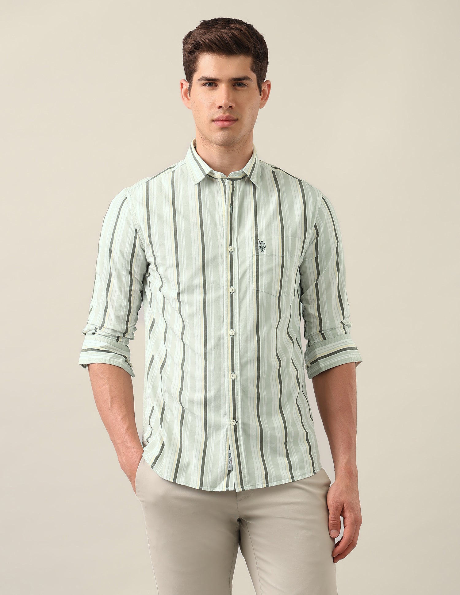 Tailored Fit Vertical Striped Shirt Green - U.S. Polo Assn. India | Large