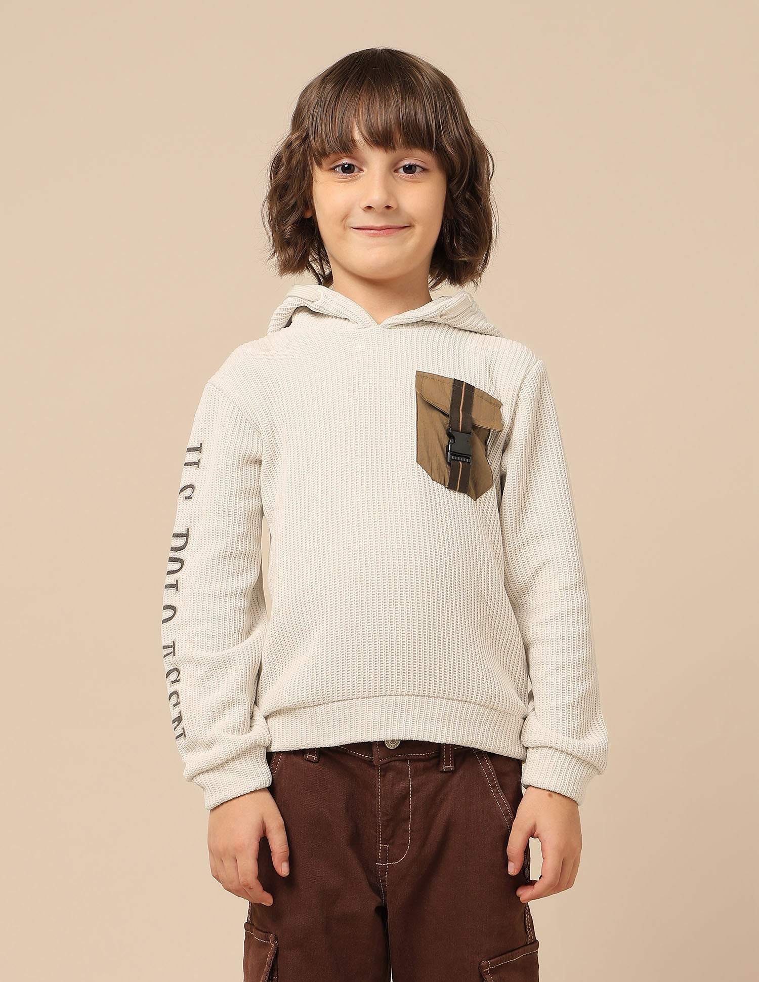 Boys Brand Embroidered Hooded Sweatshirt Ecru - U.S. POLO ASSN. | Large