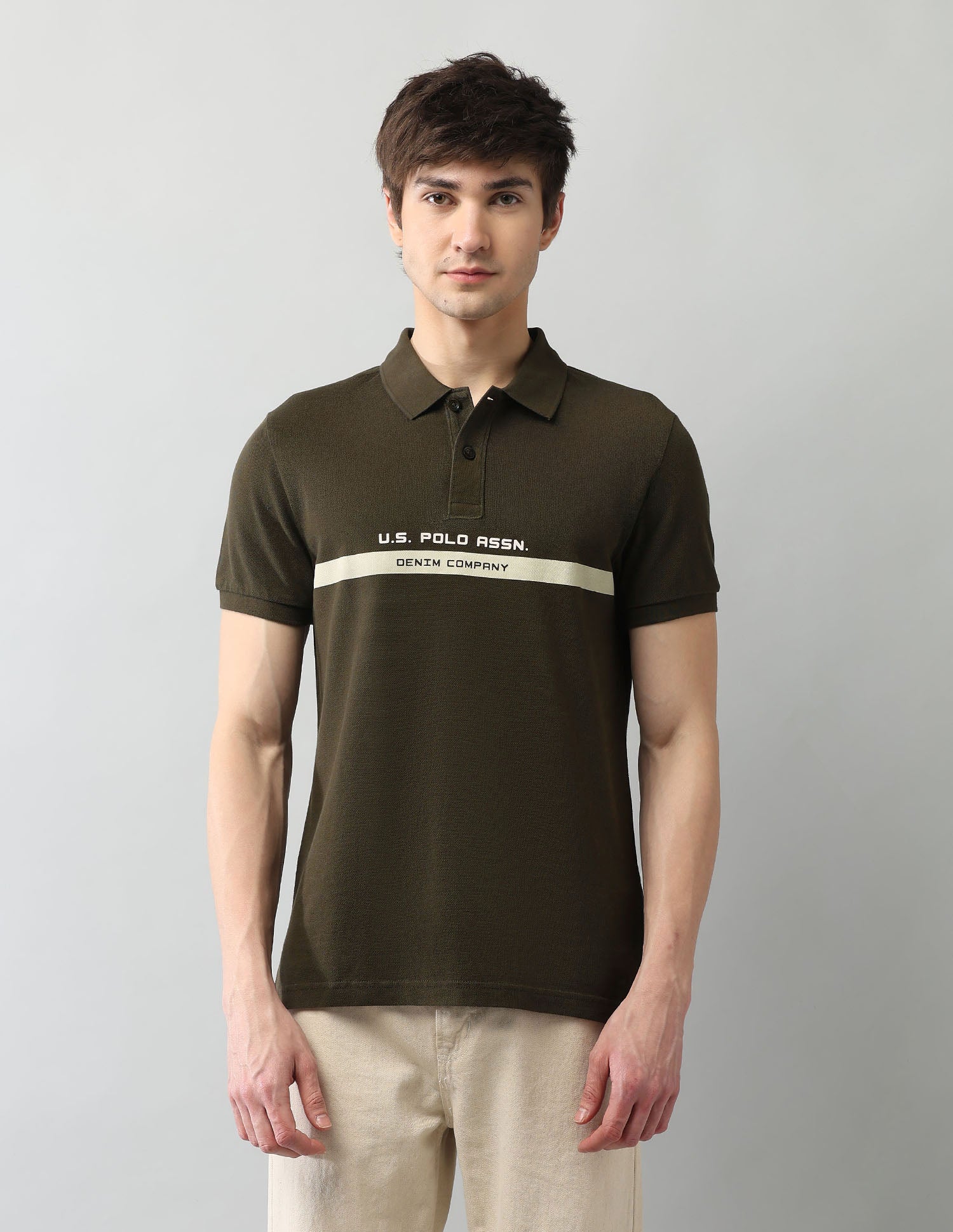 Muscle Fit Brand Printed Polo Shirt Olive - U.S. Polo Assn. India | Large