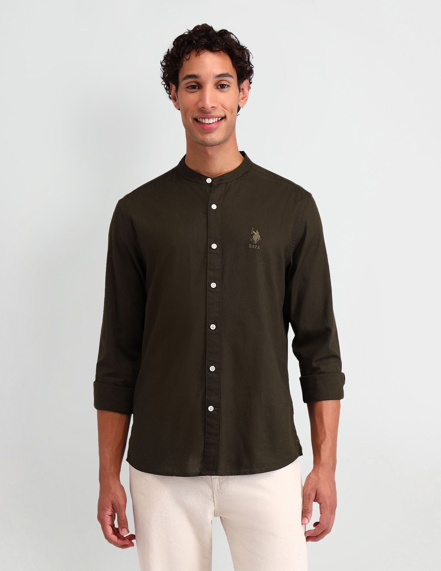 Manhattan Slim Fit Solid Shirt Olive - U.S. Polo Assn. India | Large