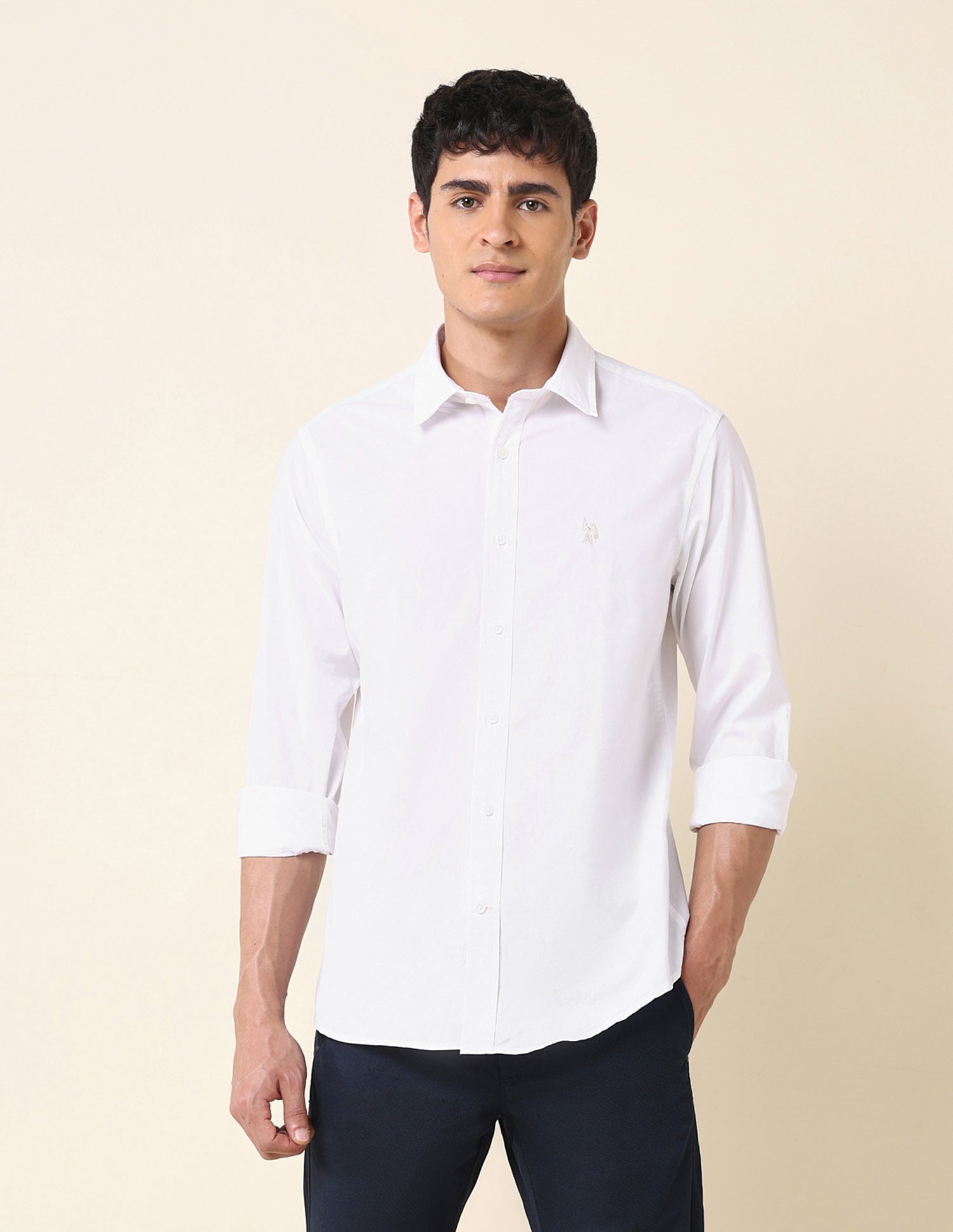 Pure Cotton Tailored Fit Solid Shirt White - U.S. Polo Assn. India | Large
