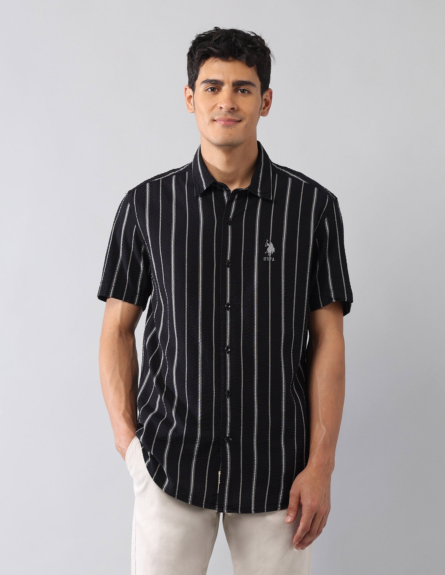 Vertical Striped Seersucker Regular Fit Shirt Black - U.S. Polo Assn. India | Large