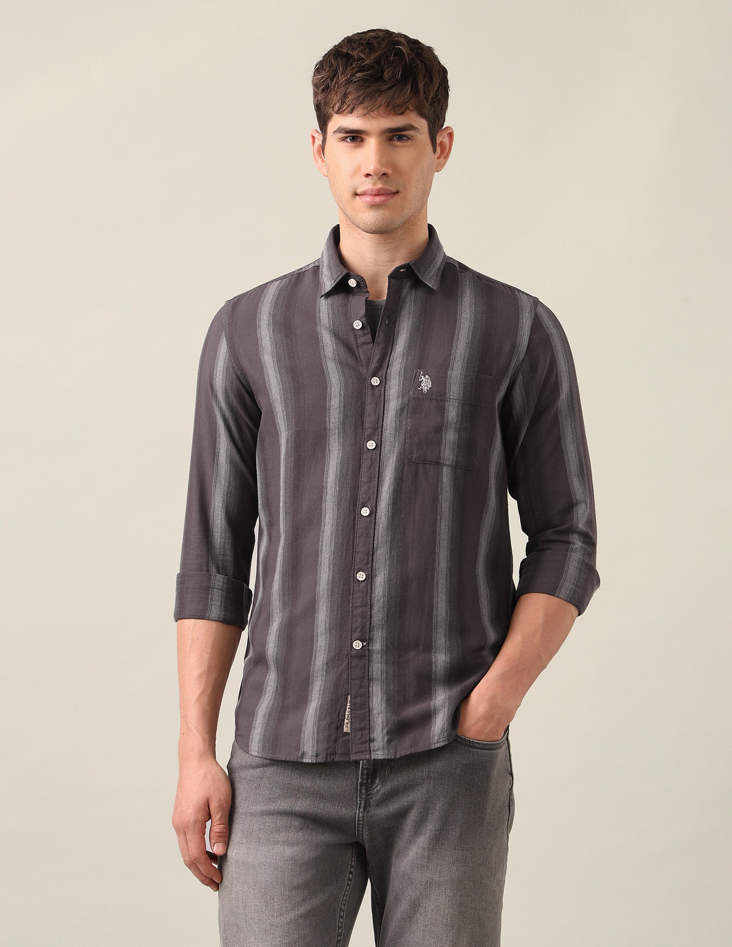 Vertical Striped Twill Shirt Brown - U.S. Polo Assn. India | Large