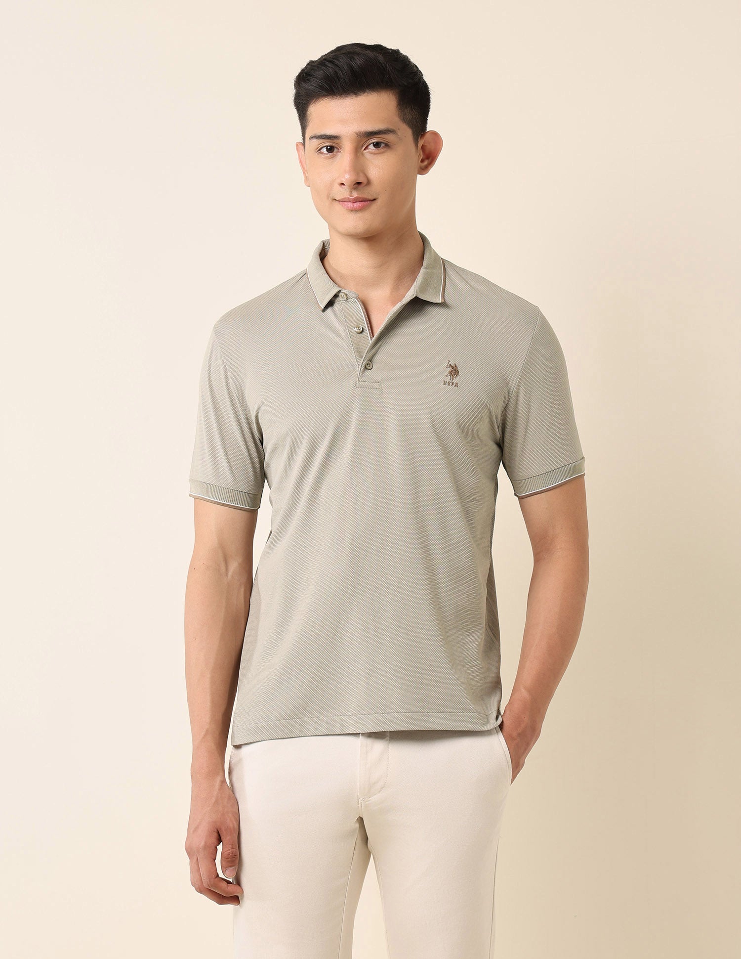 Textured Slim Fit Polo Shirt Light Grey - U.S. Polo Assn. India | Large