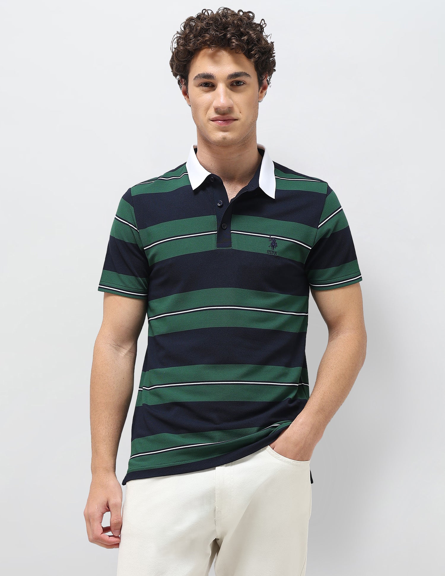 Horizontal Striped Slim Fit Polo Shirt Green - U.S. Polo Assn. India | Large