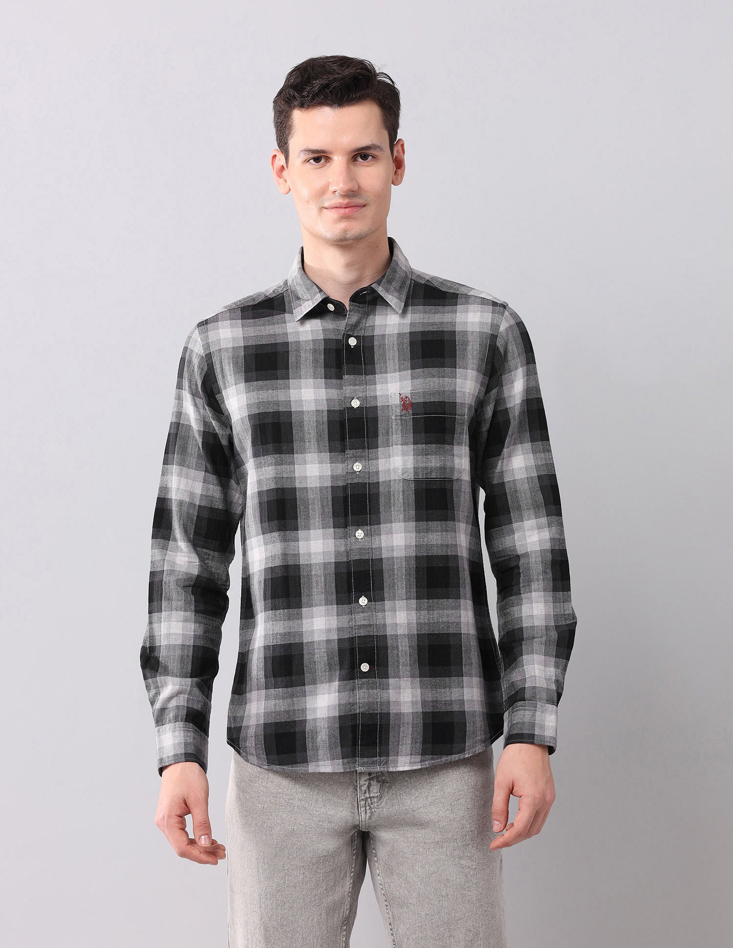 Tartan Checked Herringbone Shirt Grey - U.S. POLO ASSN. | Large