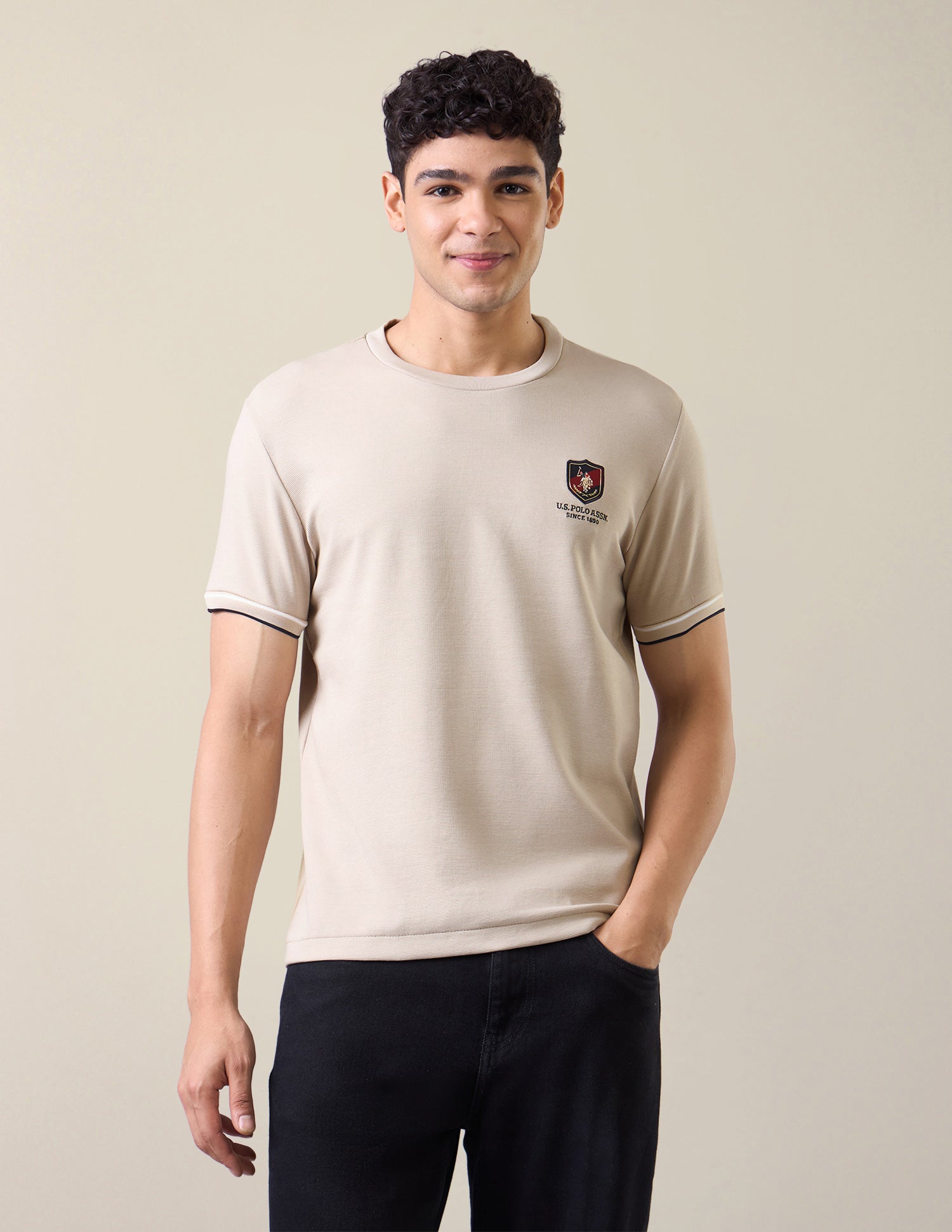 Solid Slim Fit T-Shirt Beige - U.S. Polo Assn. India | Large