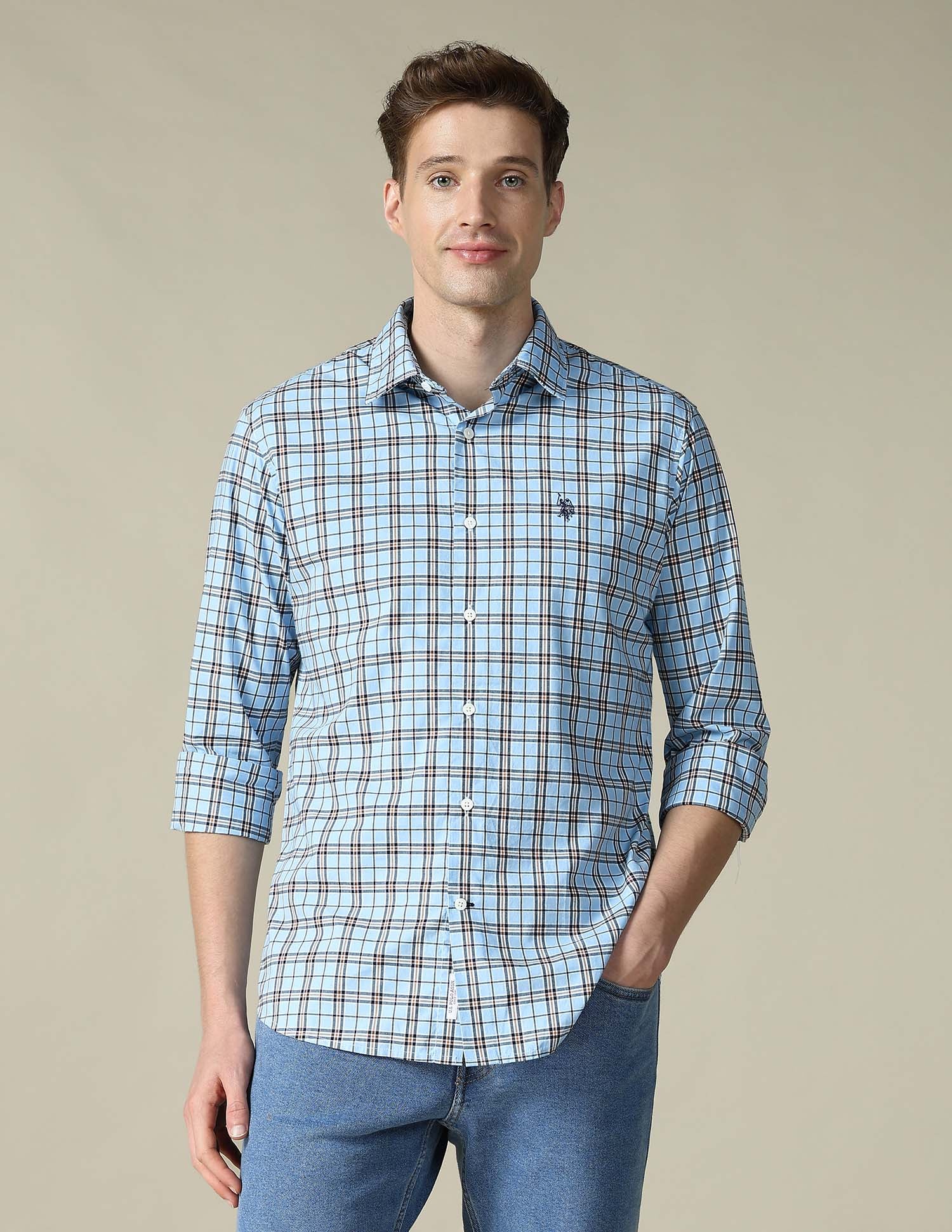 Grid Tattersall Checked Tailored Fit Shirt Light Blue - U.S. POLO ASSN. | Large