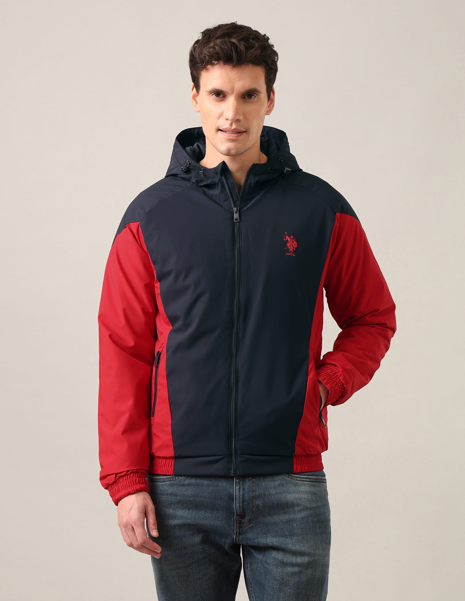 Colour Block Logo Hooded Jacket Navy and Red - U.S. Polo Assn. India | Large