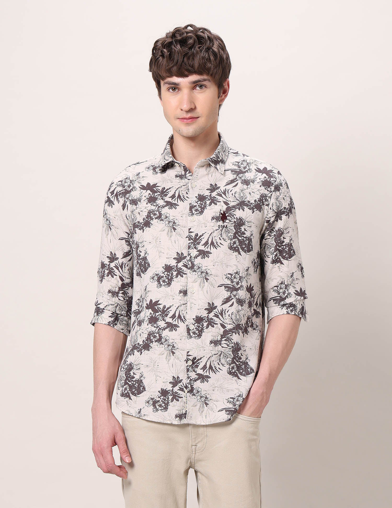 Floral Printed Regular Fit Shirt Beige - U.S. POLO ASSN. | Large