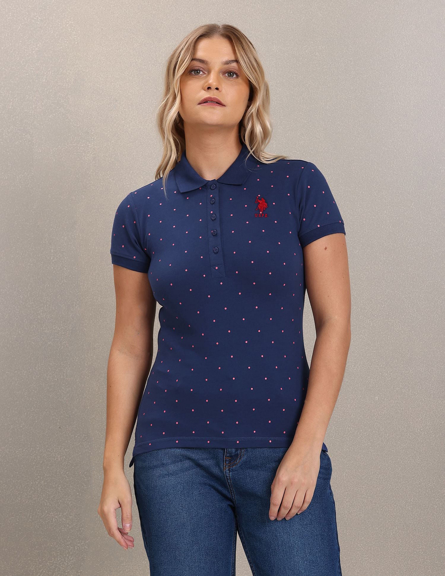 Polka Dot Print Pique Polo Shirt Navy - U.S. POLO ASSN. | Large