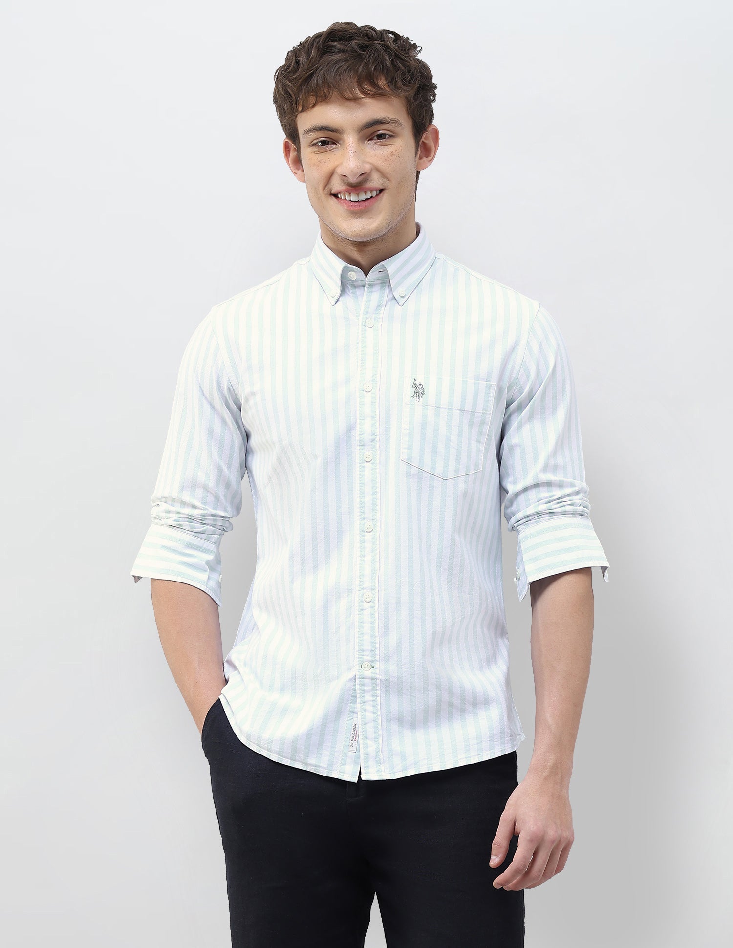 Vertical Striped Regular Fit Shirt Light Green - U.S. Polo Assn. India | Large