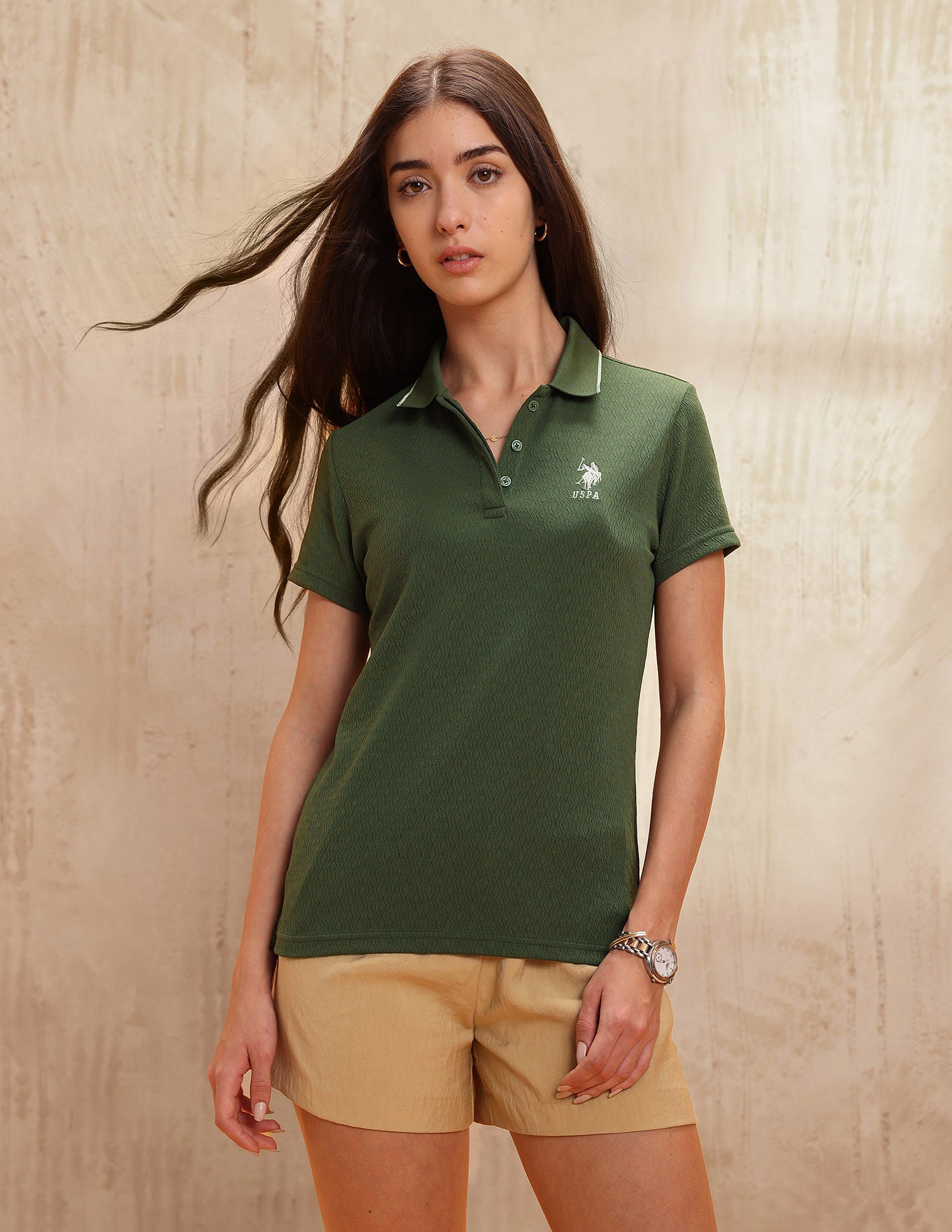 Polo With Elbow Sleeves And Lurex Tipping Olive - U.S. POLO ASSN. | Large