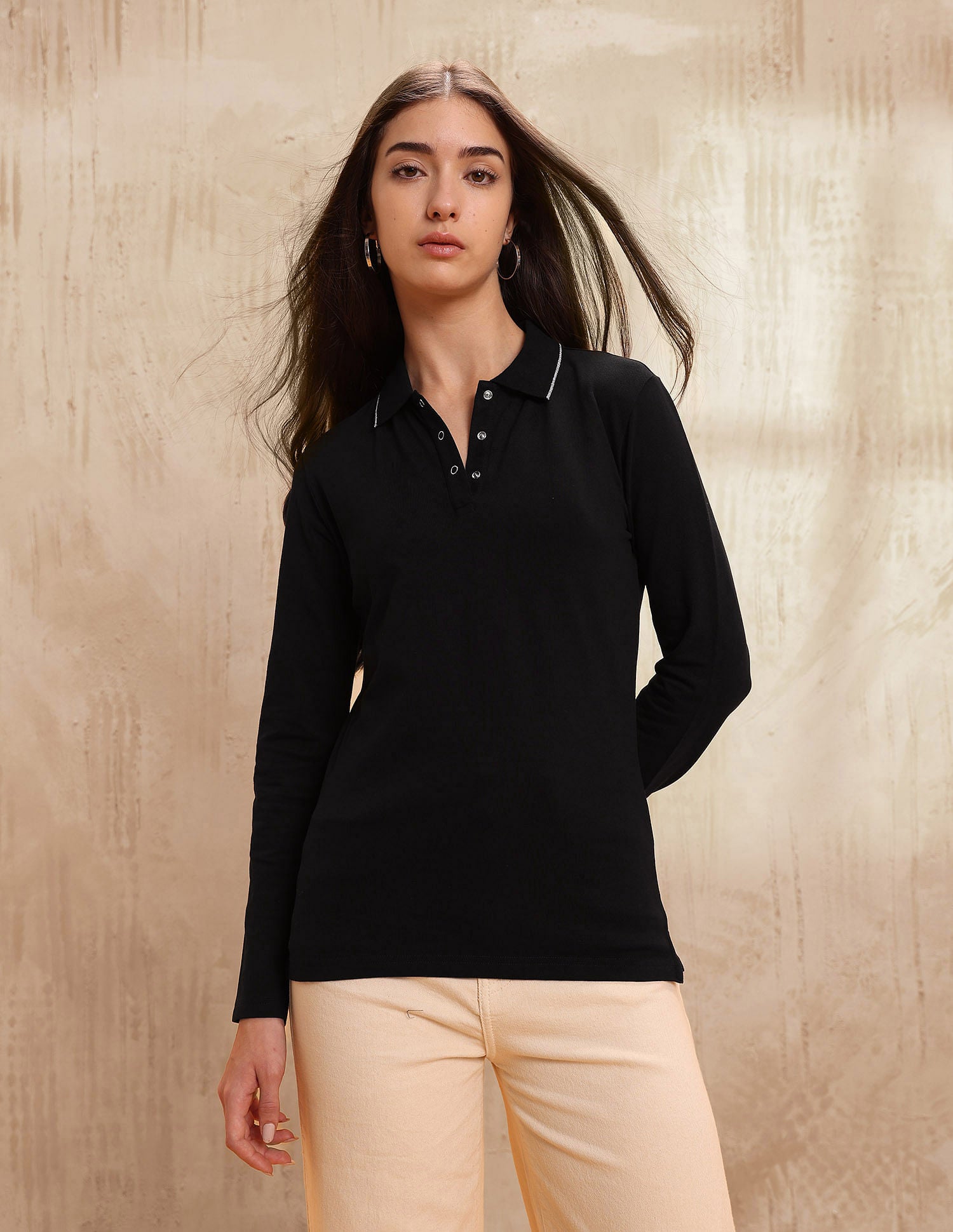 Polo Collar Cotton Tshirt With Full Sleeves Black - U.S. POLO ASSN. | Large