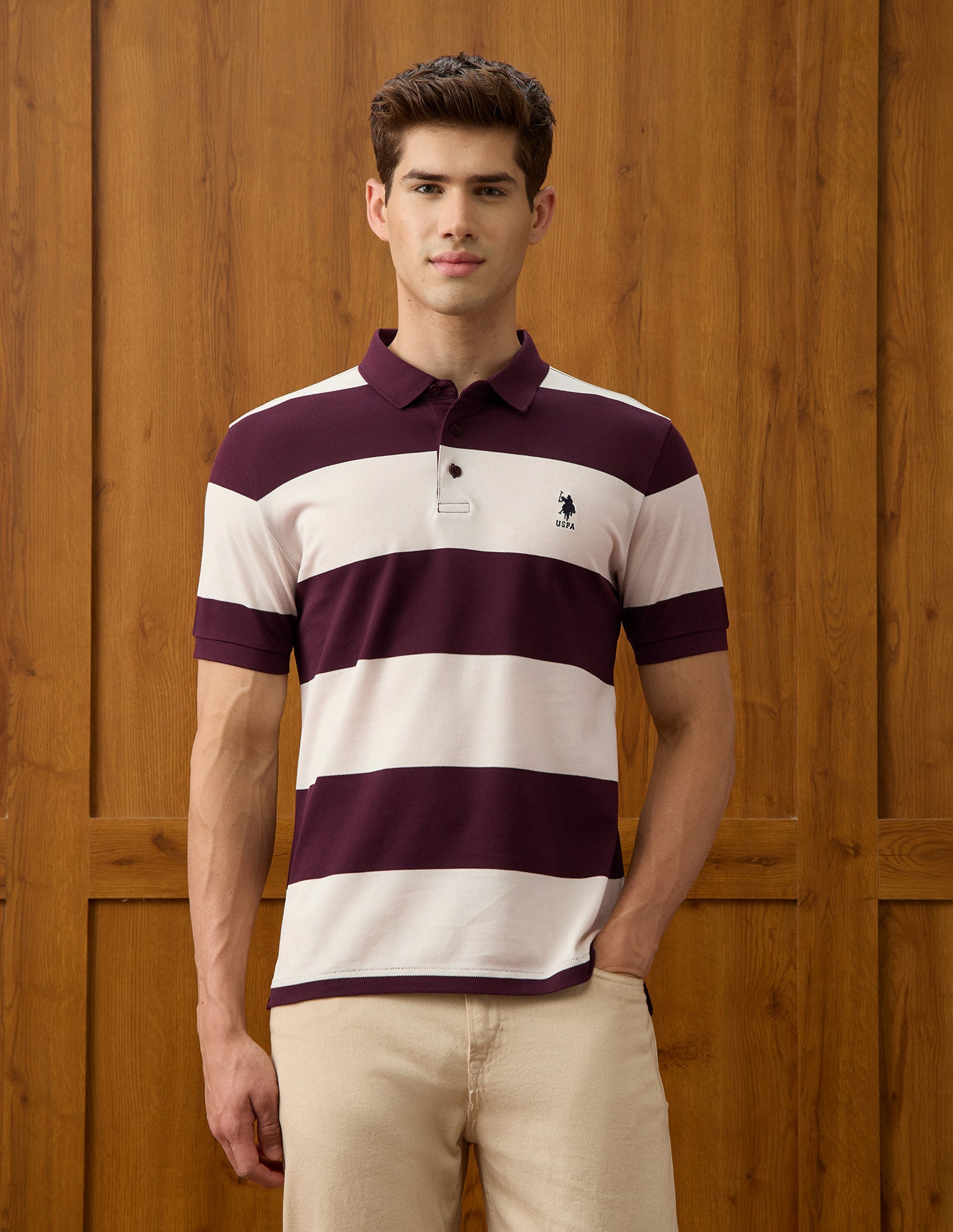 Horizontal Striped Slim Fit Polo Shirt Wine - U.S. Polo Assn. India | Large