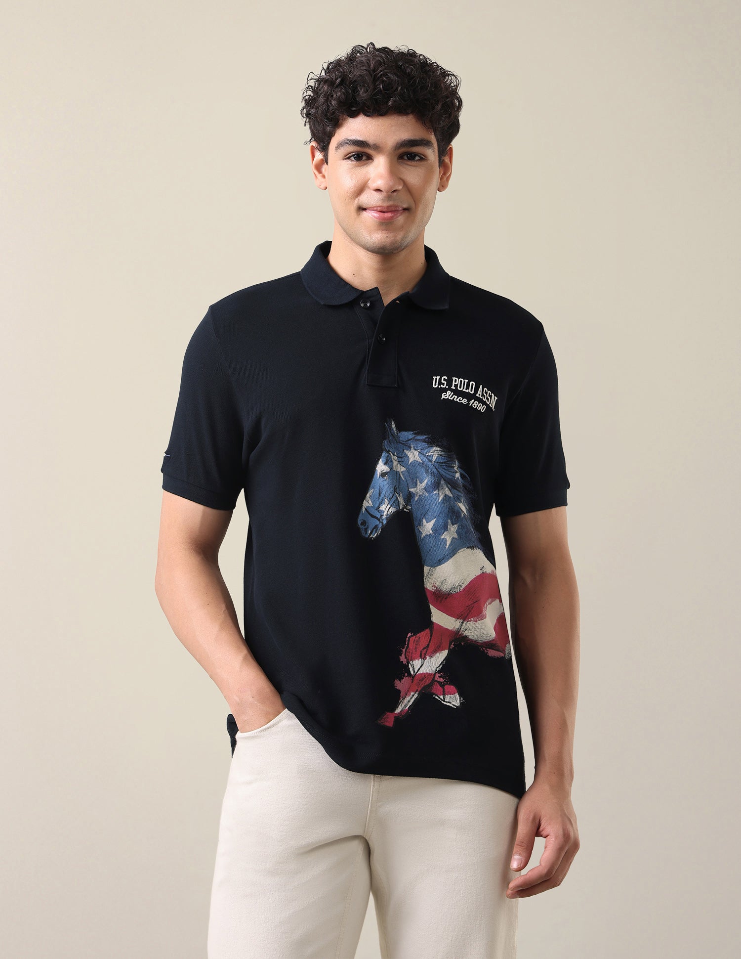 Graphic Brand Printed Slim Fit Polo Shirt Navy - U.S. Polo Assn. India | Large