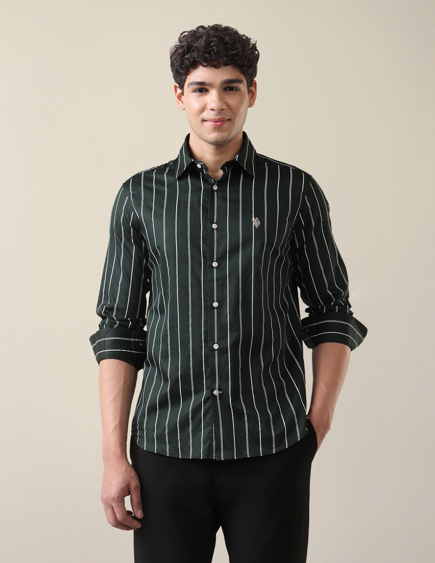 Satin Vertical Striped Shirt Dark Green - U.S. Polo Assn. India | Large
