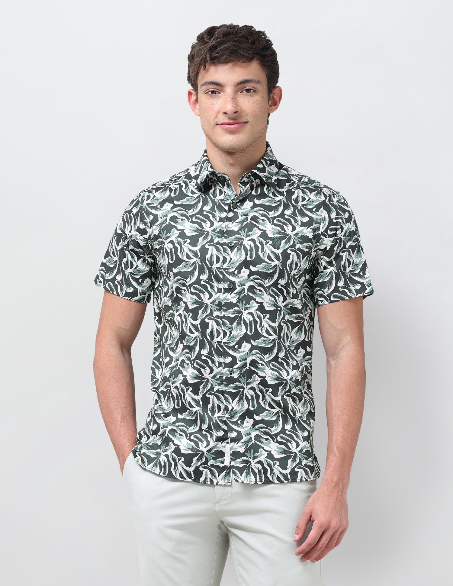 Floral Printed Satin Shirt Olive - U.S. Polo Assn. India | Large