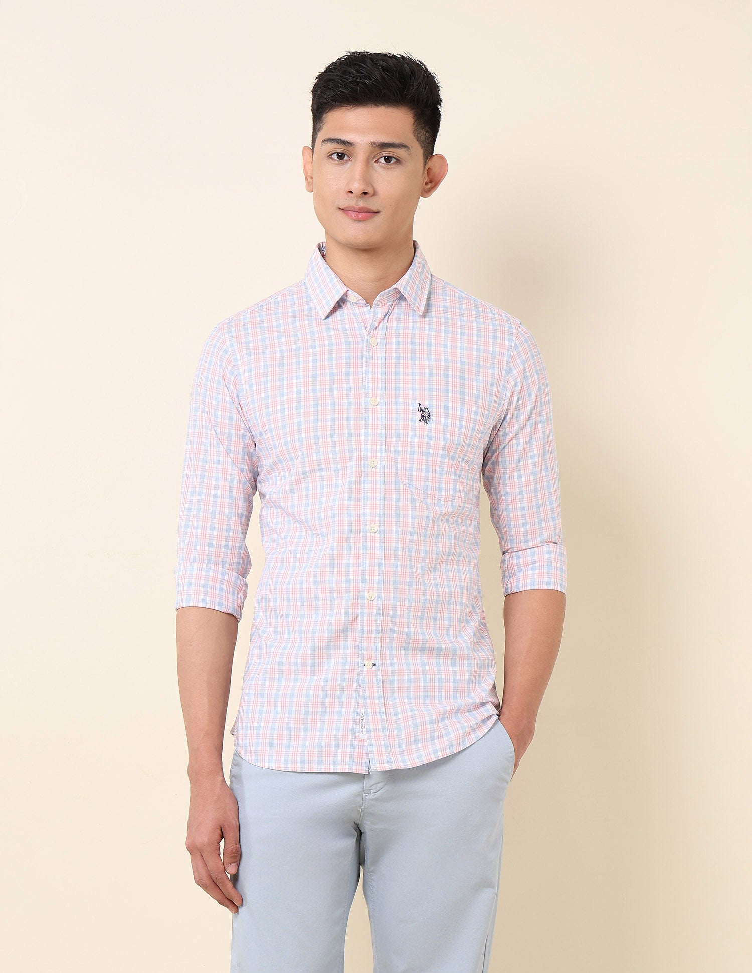 Pure Cotton Grid Tattersall Checked Shirt Light Pink - U.S. Polo Assn. India | Large