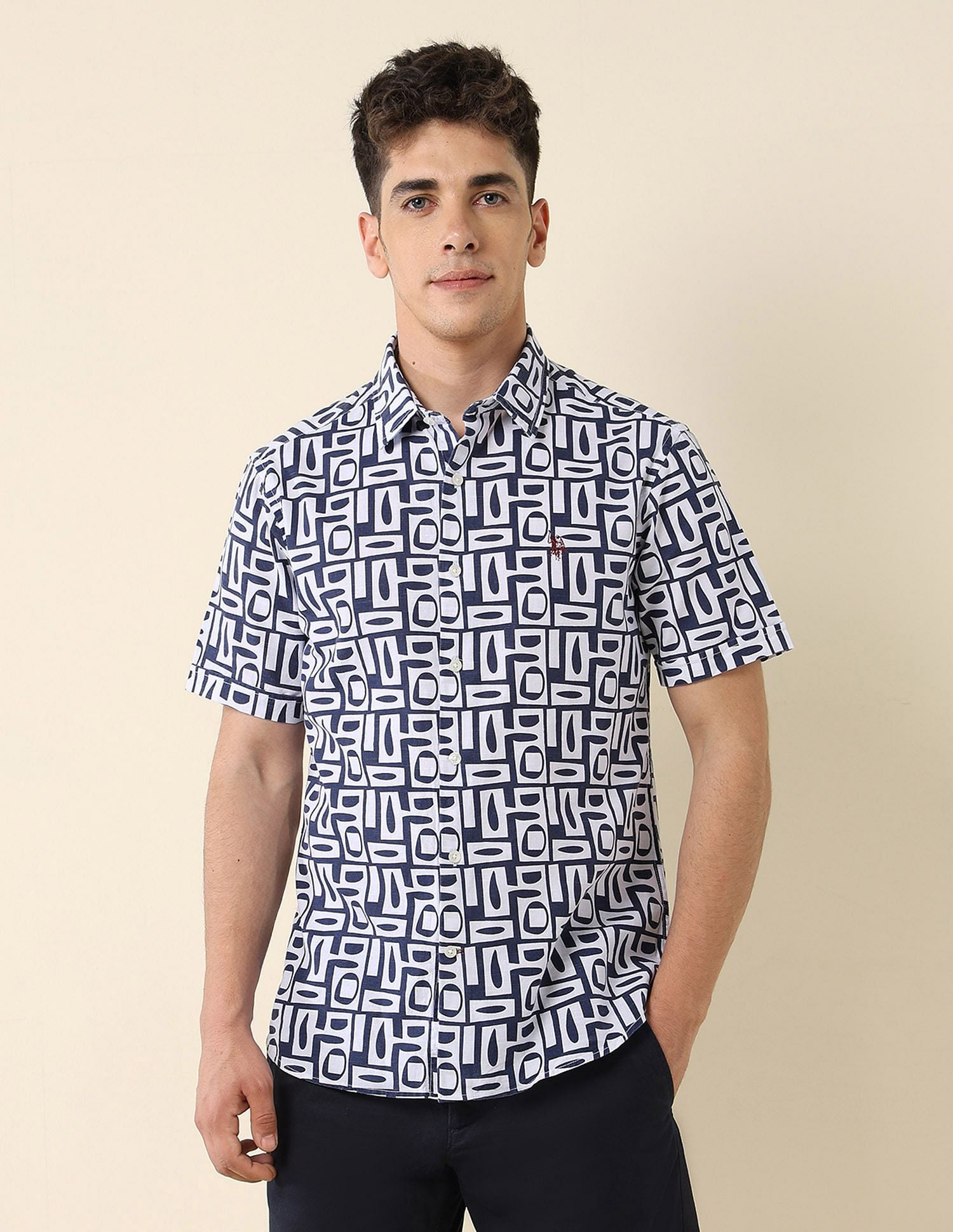 All-Over Printed Cotton Slub Shirt Navy - U.S. Polo Assn. India | Large