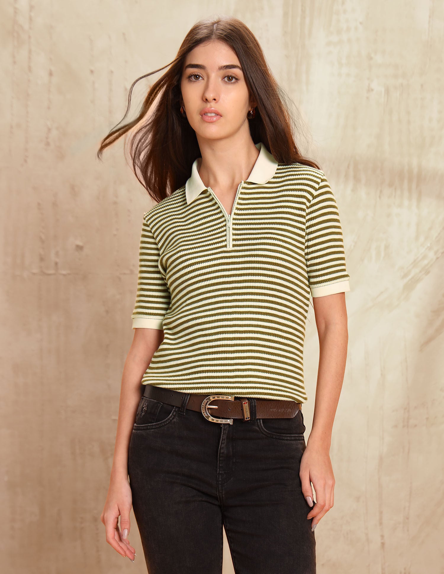 Reglar Fit Horizontal Striped Top Olive - U.S. Polo Assn. India | Large