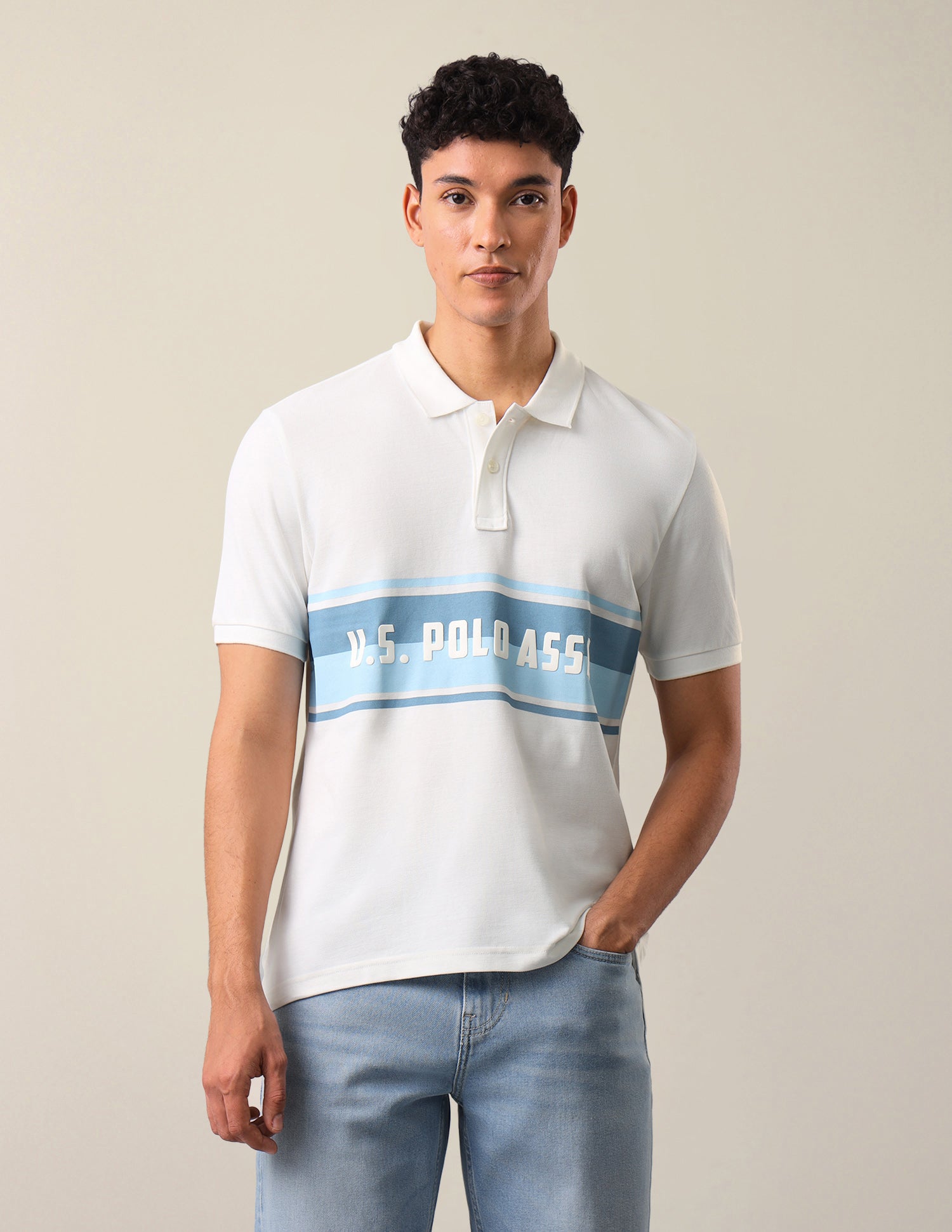 Colourblocked With Brand Printed Slim Fit Polo Shirt Ivory - U.S. Polo Assn. India | Large