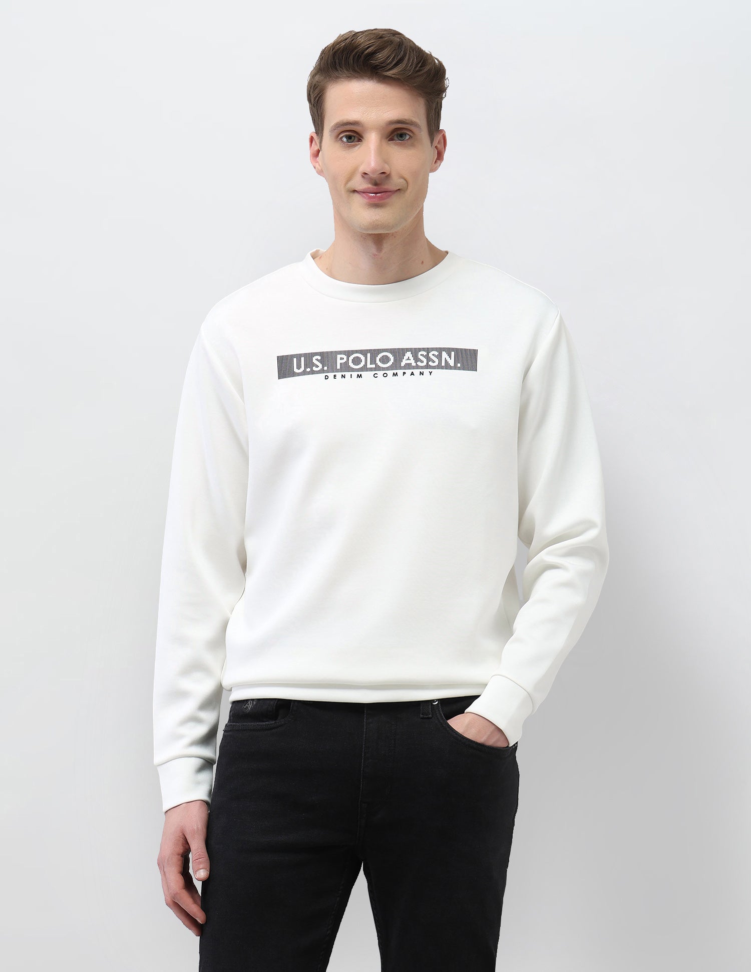 Brand Embossed Regular Fit Sweatshirt Ecru - U.S. Polo Assn. India | Large