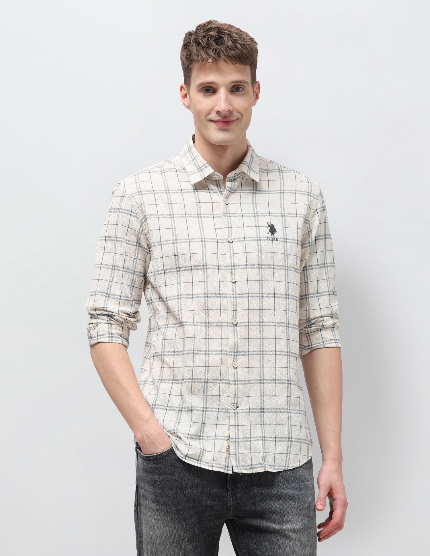 Grid Tattersall Checked Regular Fit Shirt Ecru - U.S. Polo Assn. India | Large