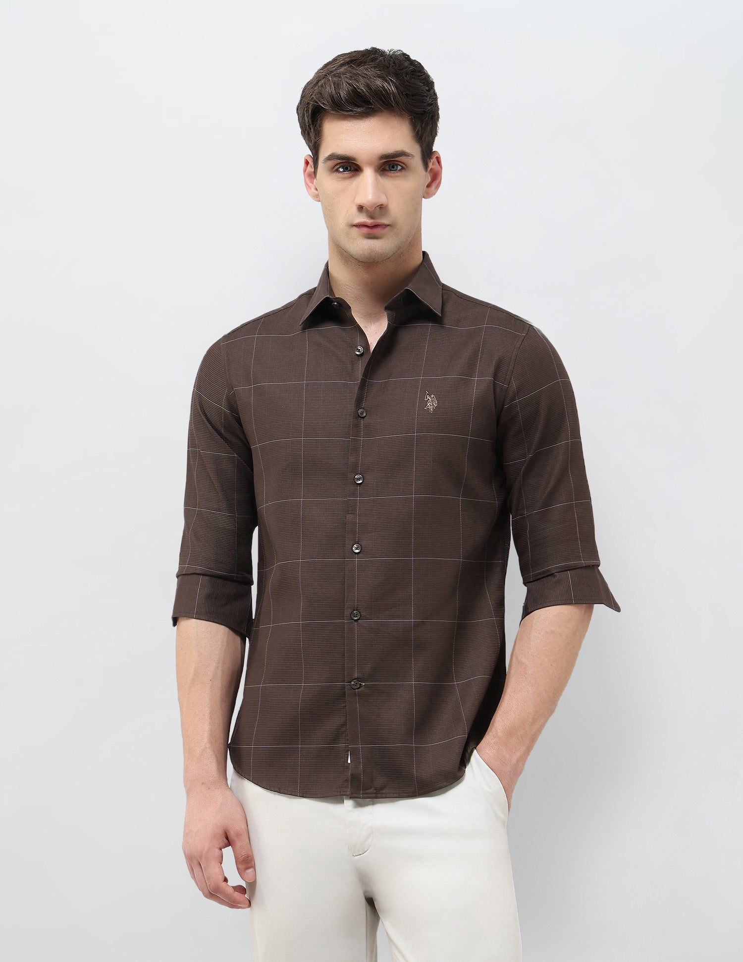 Textured With Windowpane Checked Regular Fit Shirt Brown - U.S. POLO ASSN. | Large