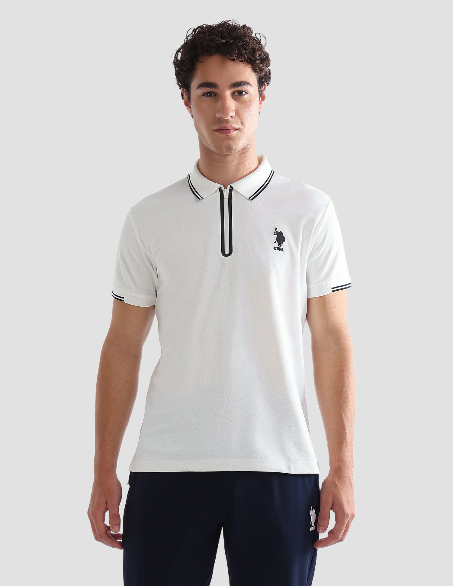 Solid Stripe Detail Slim Fit Active Polo Shirt Off White - U.S. Polo Assn. India | Large
