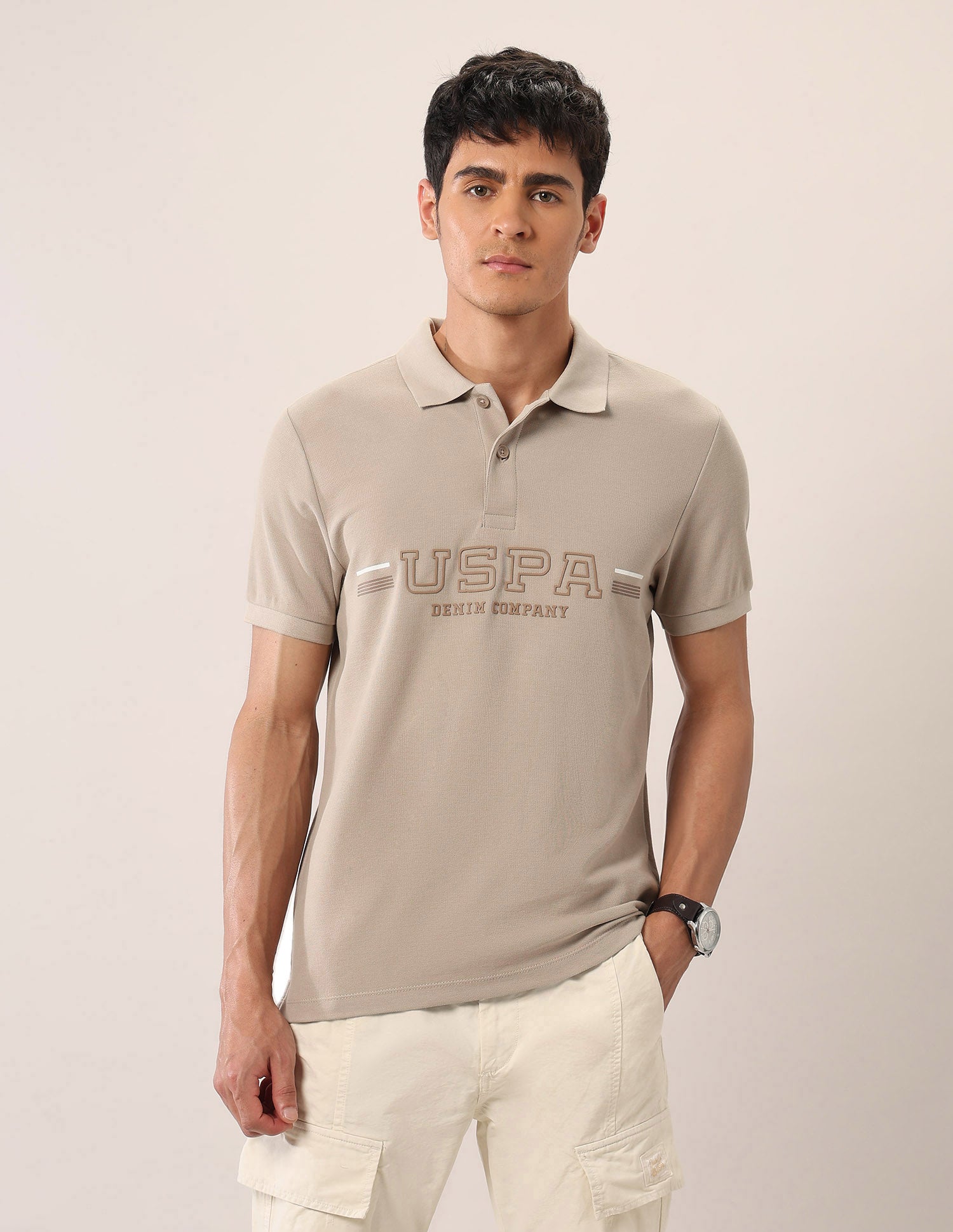 Brand Embossed Muscle Fit Polo Shirt Beige - U.S. Polo Assn. India | Large