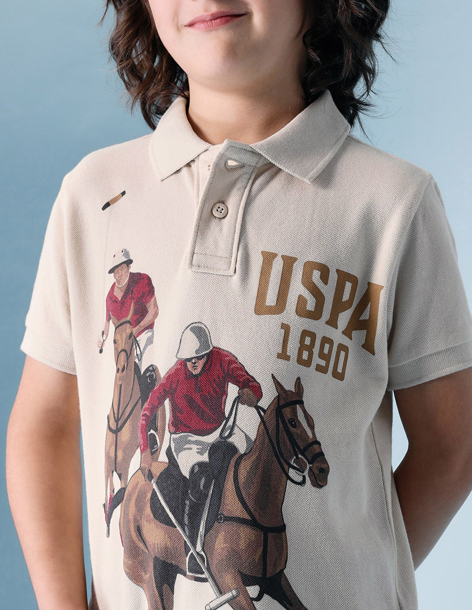 Boys Brand Printed Pure Cotton Polo Shirt Beige - U.S. POLO ASSN. | Large