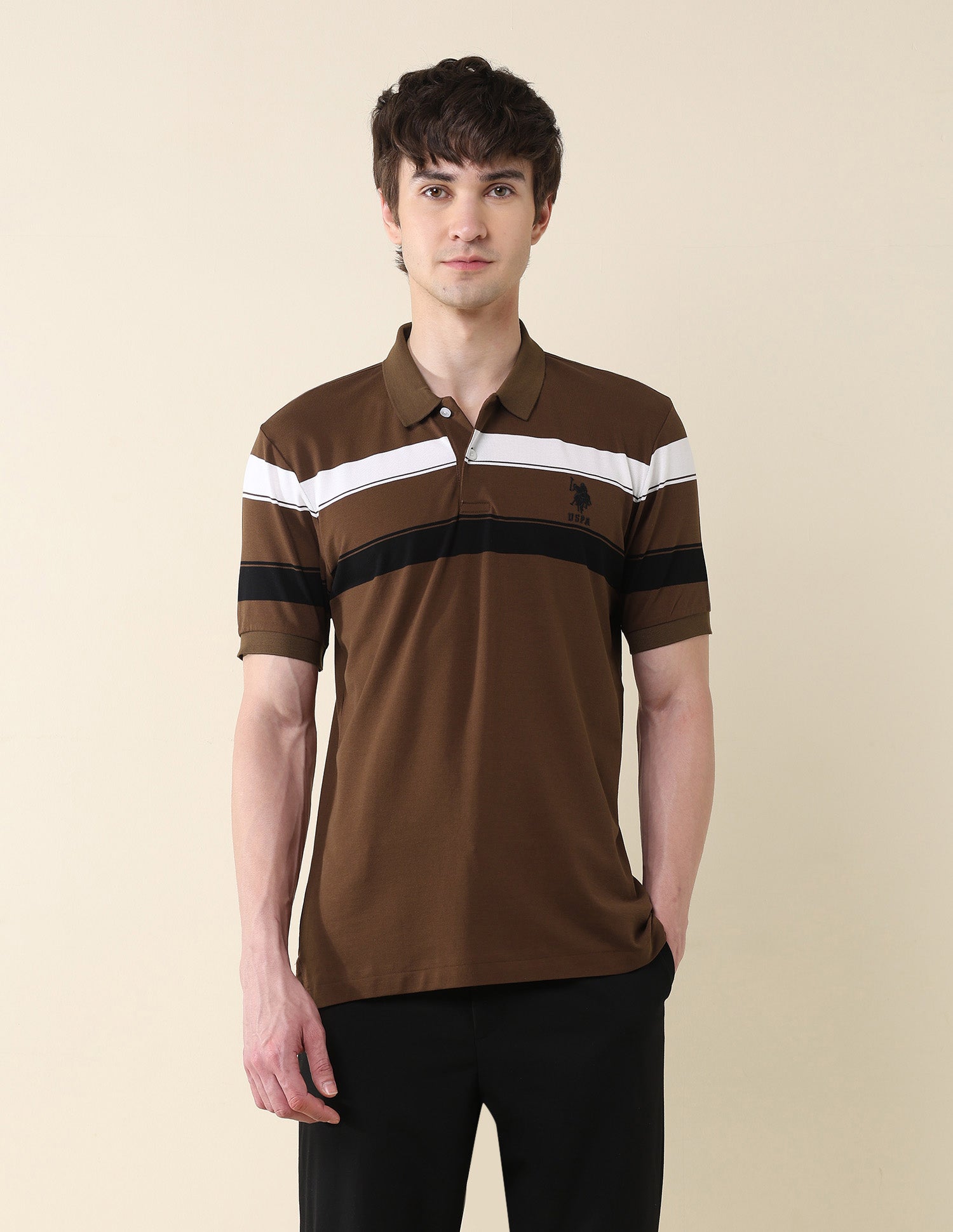 Horizontal Striped Modern Monochrome Polo Shirt Brown - U.S. Polo Assn. India | Large
