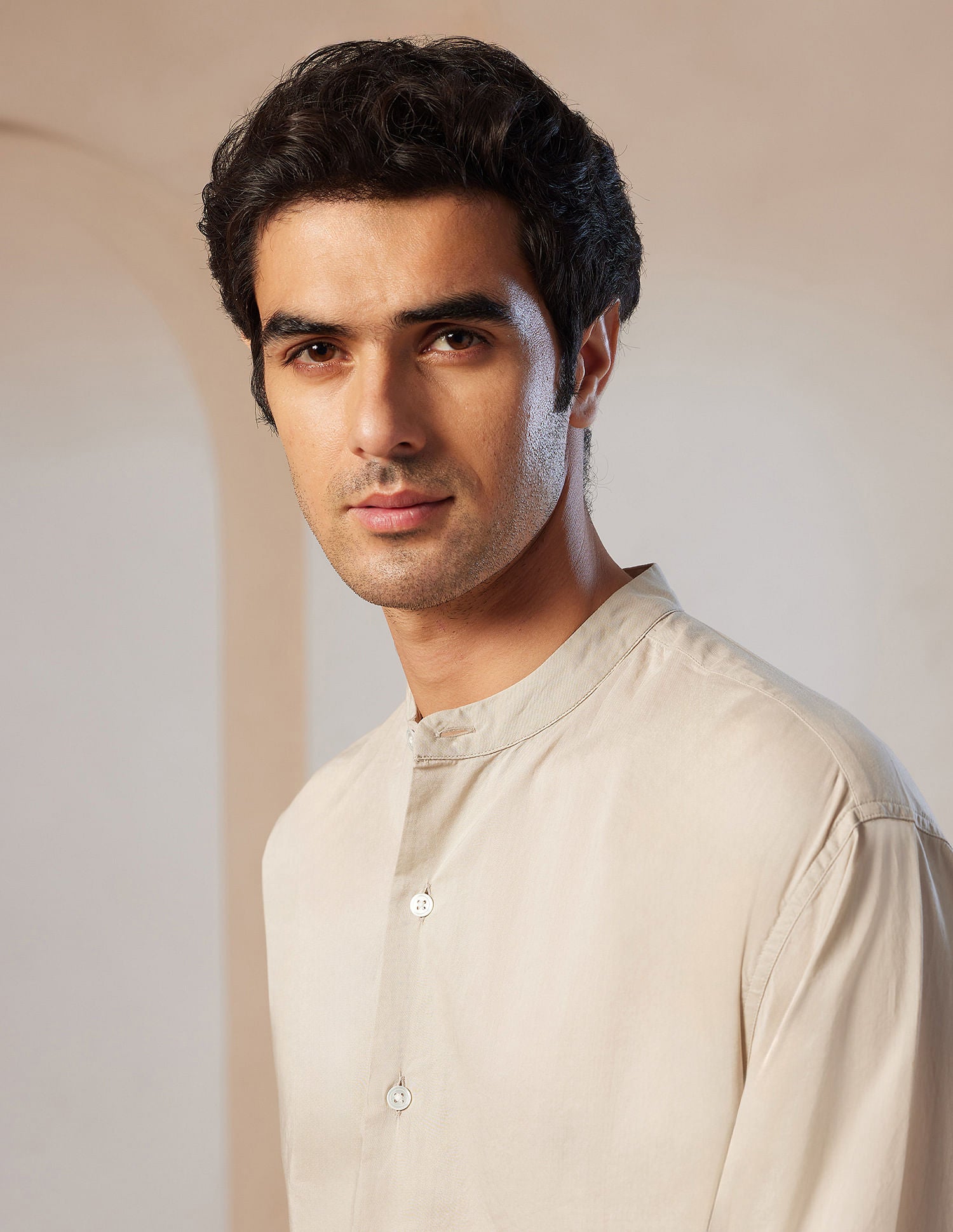 Pacho X Tailored Fit Mandarin Collar Shirt Sand - U.S. POLO ASSN. | Large