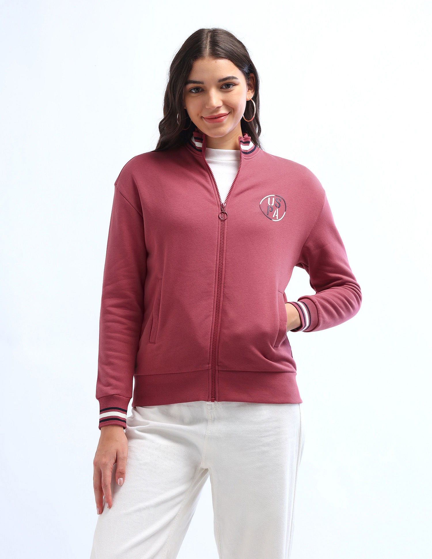 Tipped Collar Zip Up Sweatshirt Pink - U.S. Polo Assn. India | Large