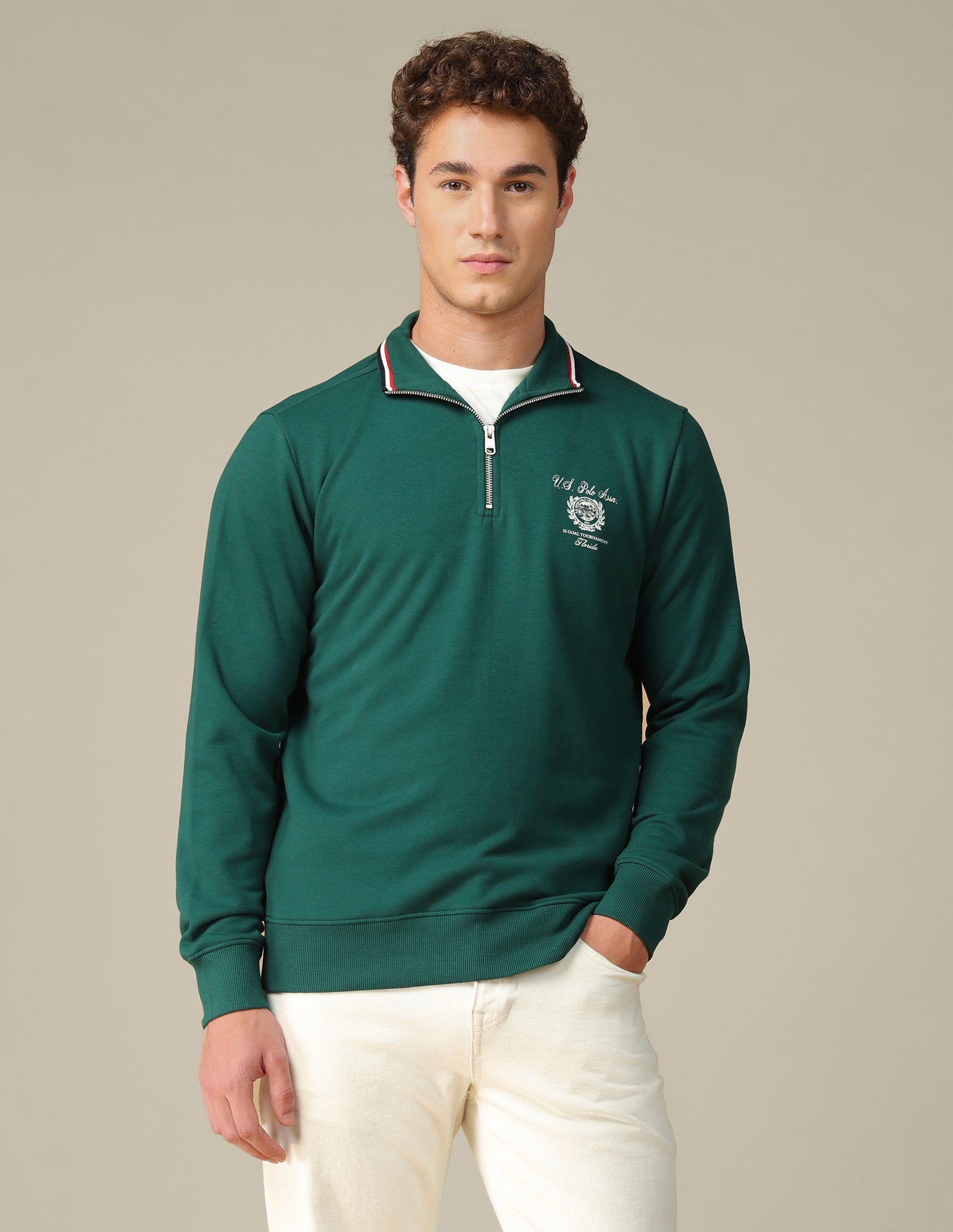 Solid Zipper Sweatshirt Dark Green - U.S. Polo Assn. India | Large