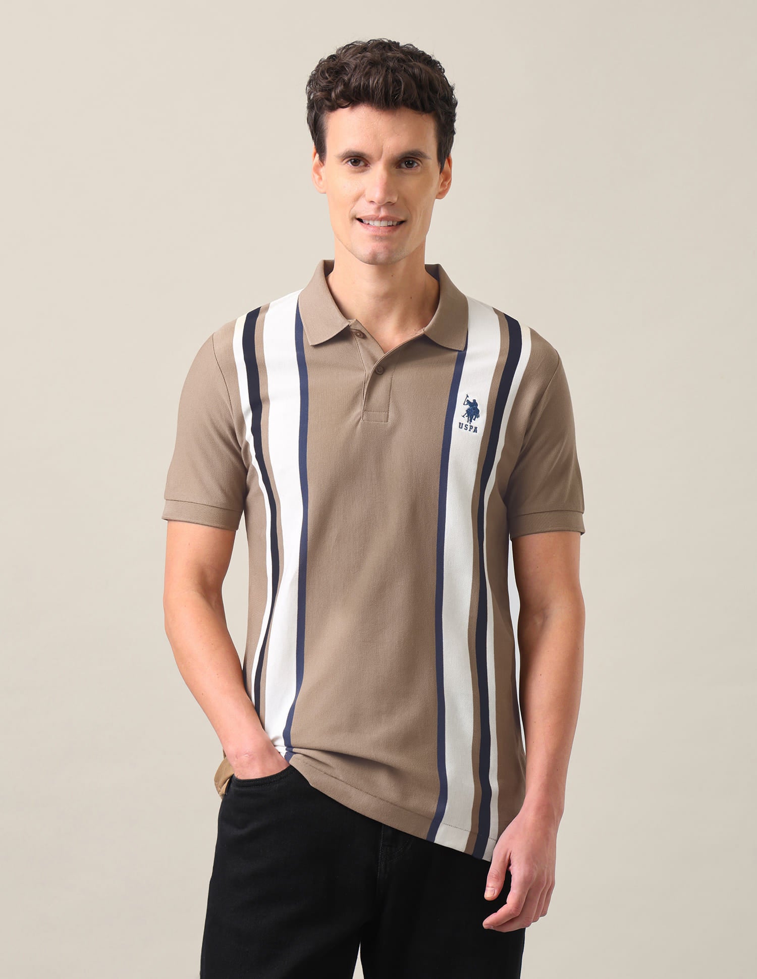 Vertical Striped Slim Fit Polo Shirt Light Brown - U.S. Polo Assn. India | Large