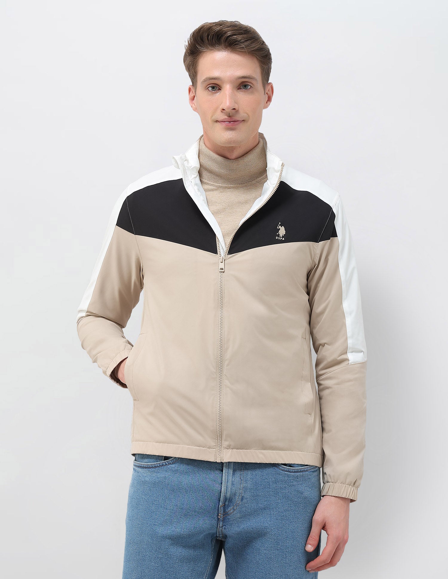 Colour Blocked Windcheater Jacket Beige - U.S. POLO ASSN. | Large