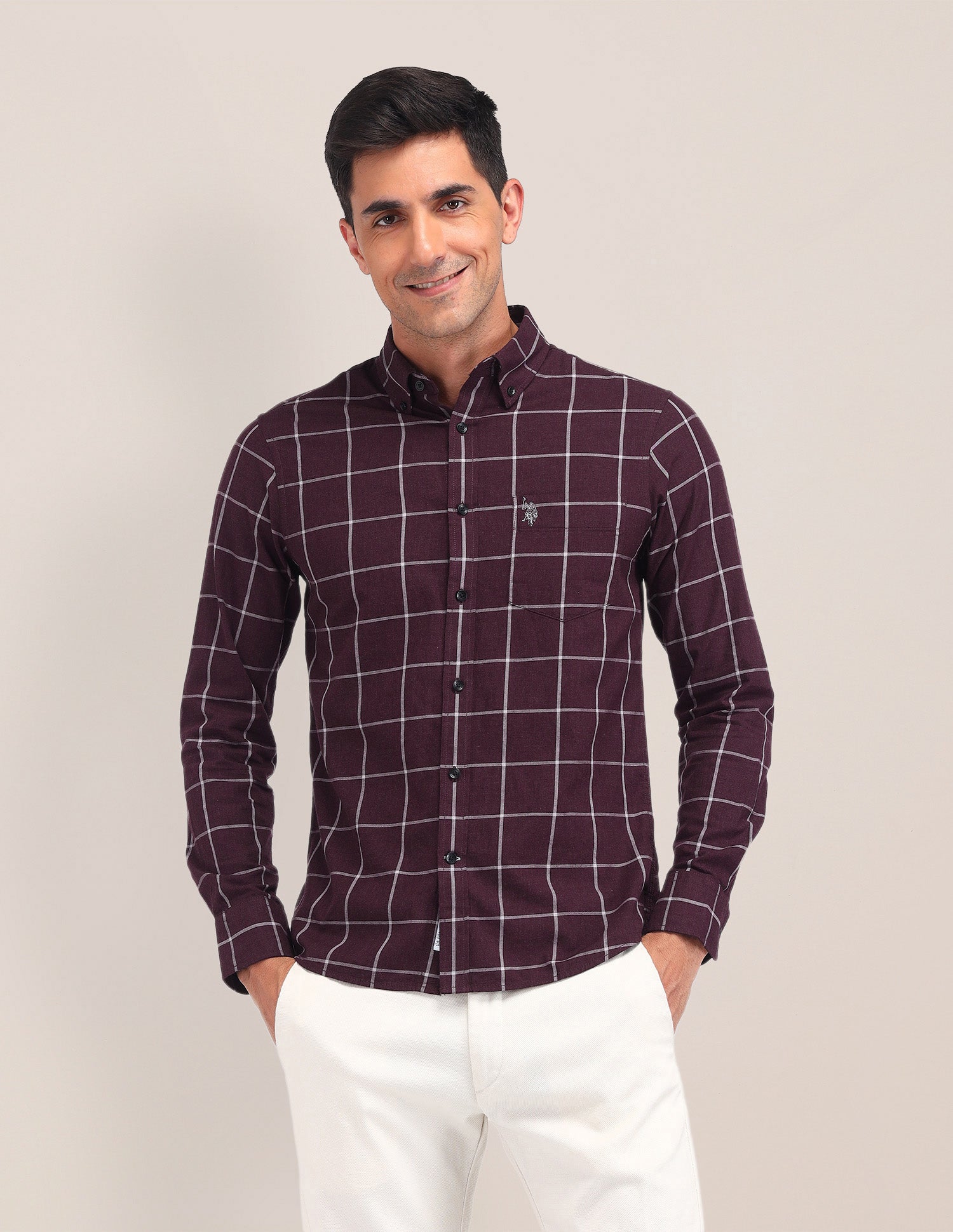 Windowpane Checked Tailored Fit Shirt Maroon - U.S. Polo Assn. India | Large