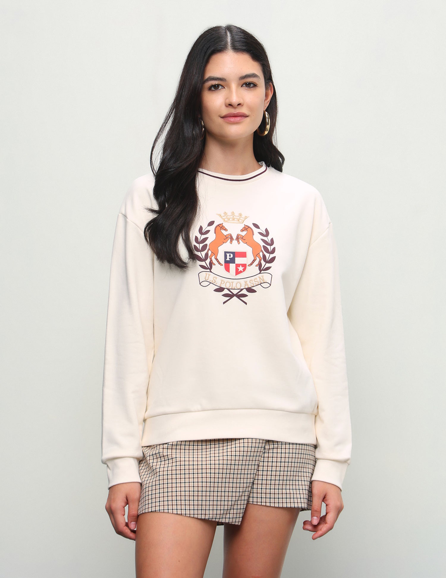 Graphic Brand Printed Relaxed Fit Sweatshirt Ecru - U.S. Polo Assn. India | Large