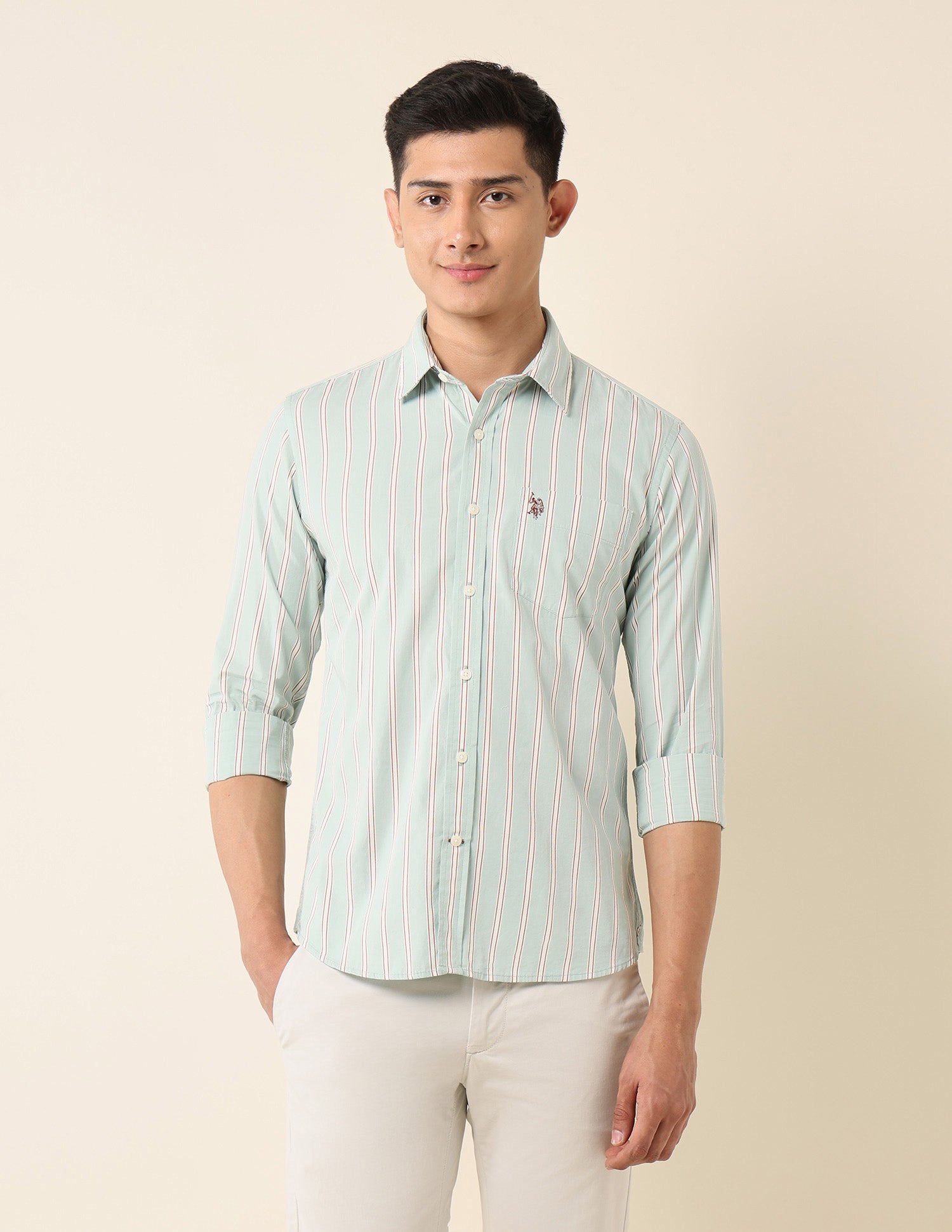 Vertical Striped Pure Cotton Shirt Light Green - U.S. Polo Assn. India | Large