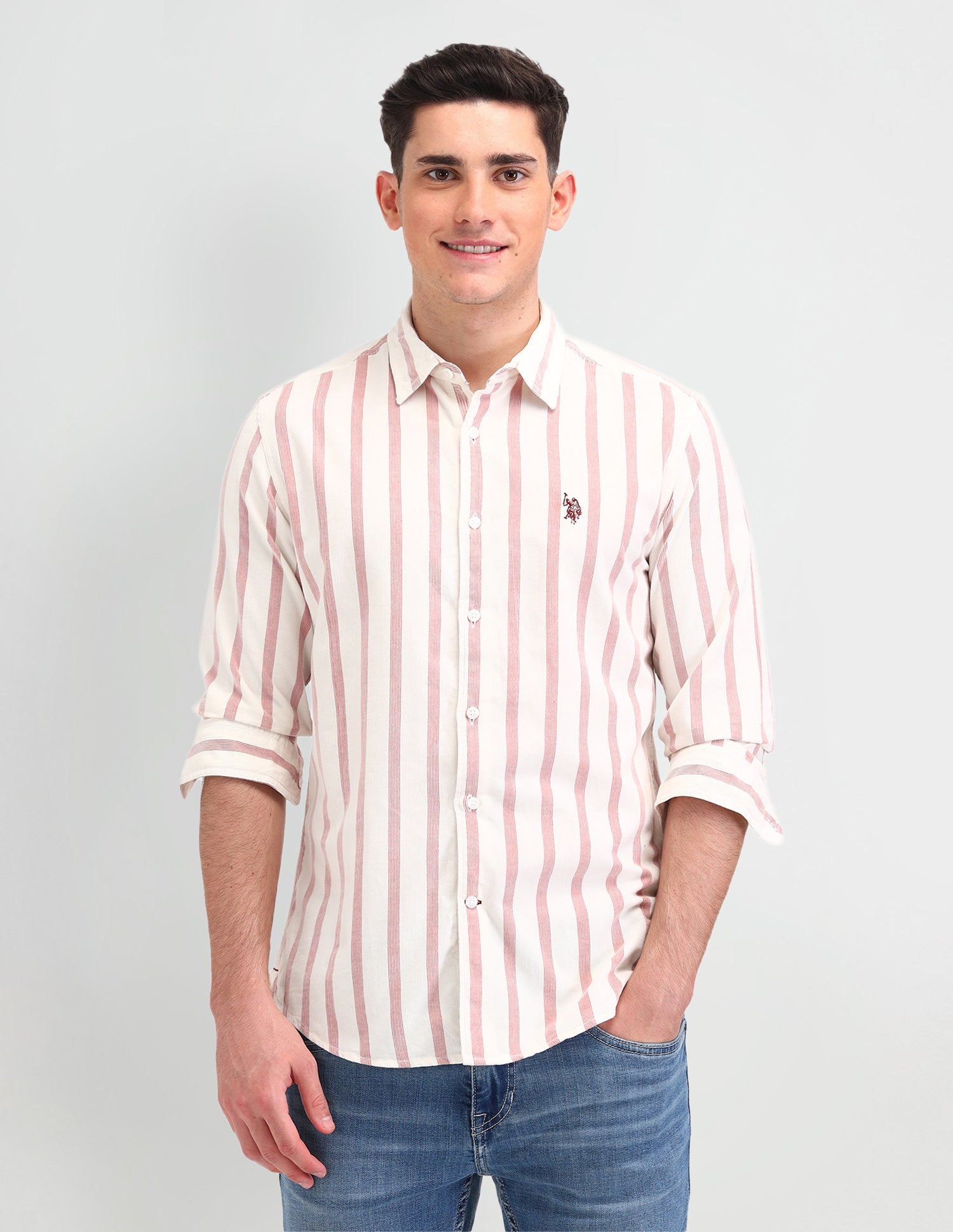 Vertical Striped Slim Fit Cotton Shirt Rust - U.S. Polo Assn. India | Large