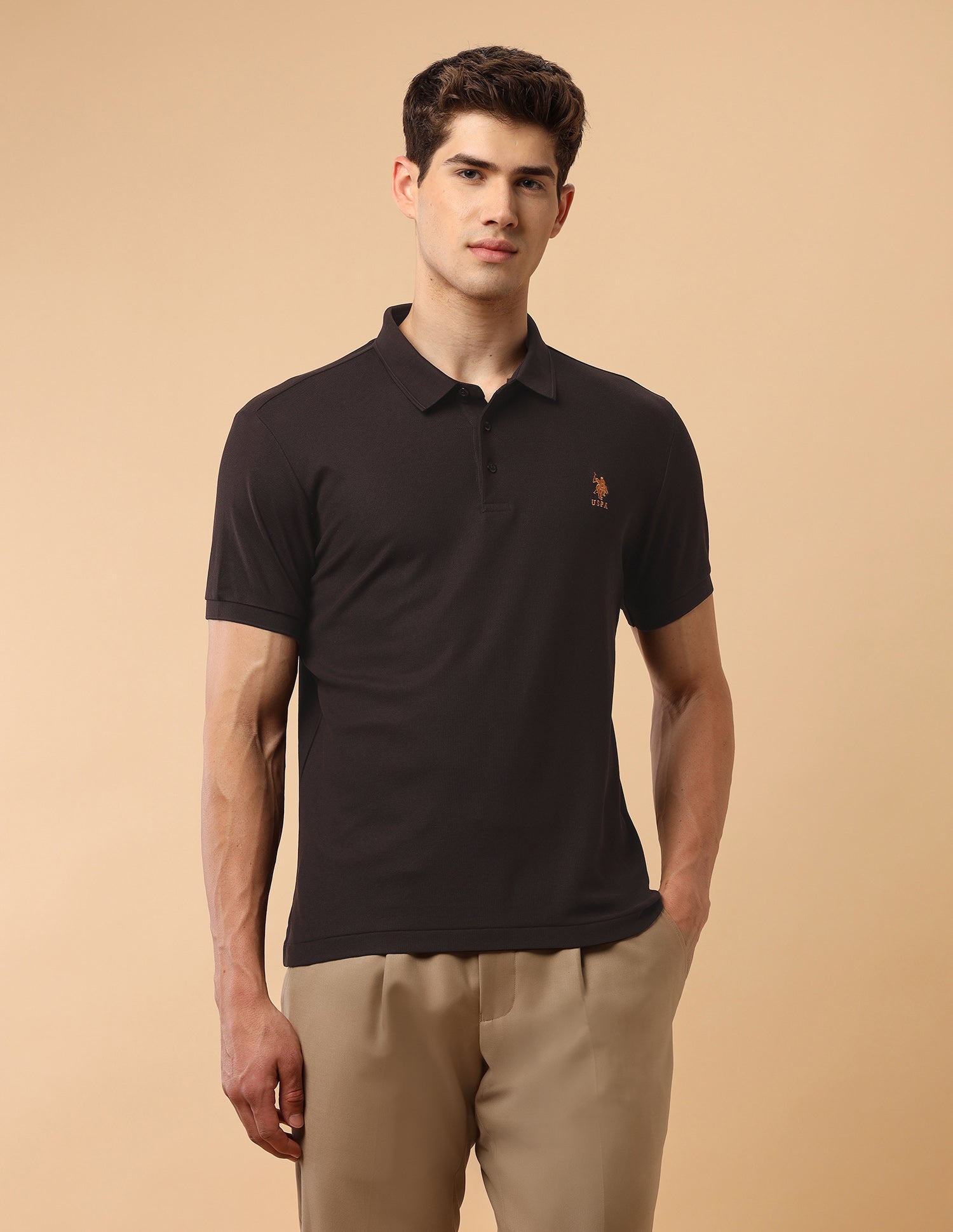 Solid Slim Fit Polo Shirt Dark Brown - U.S. Polo Assn. India | Large