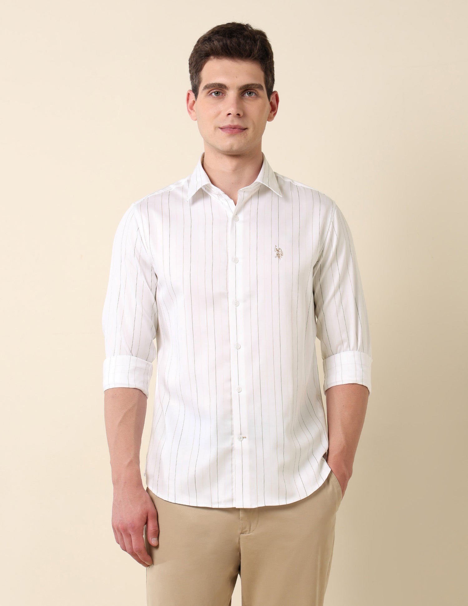 Vertical Striped Pure Cotton Shirt Beige - U.S. Polo Assn. India | Large