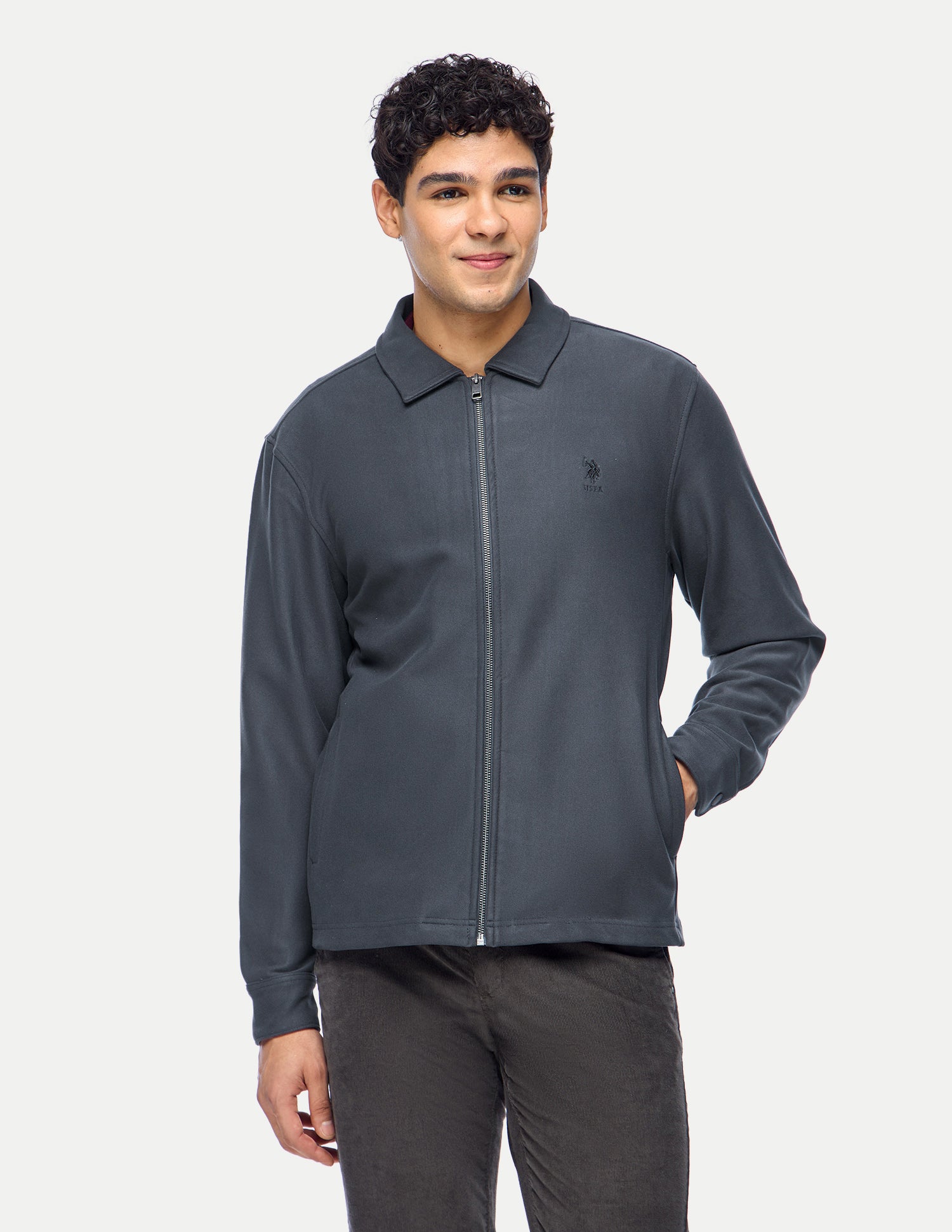 Solid Slim Fit Zipper Sweatshirt Dark Grey - U.S. Polo Assn. India | Large