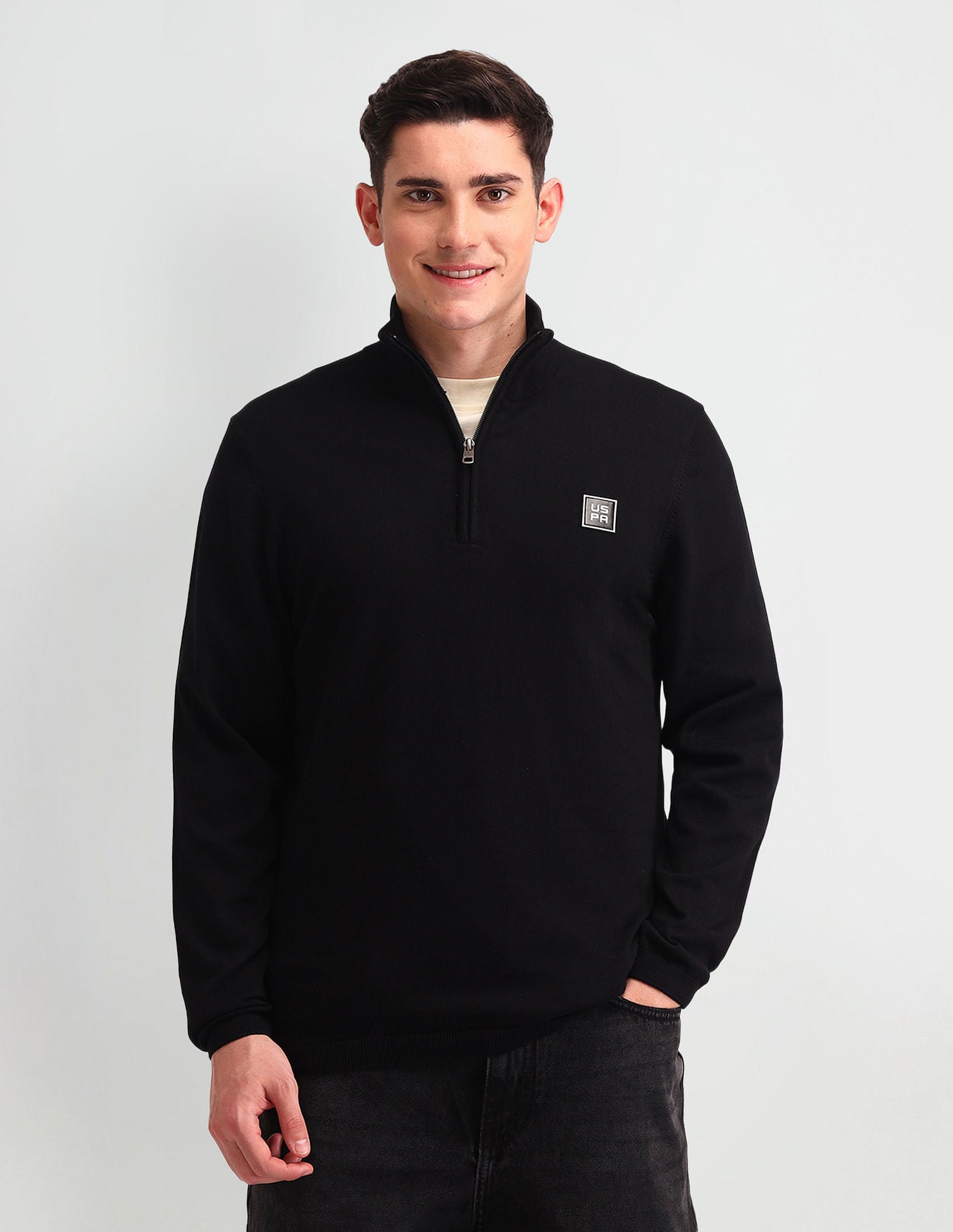 Half Zipper Solid Sweater Black - U.S. Polo Assn. India | Large
